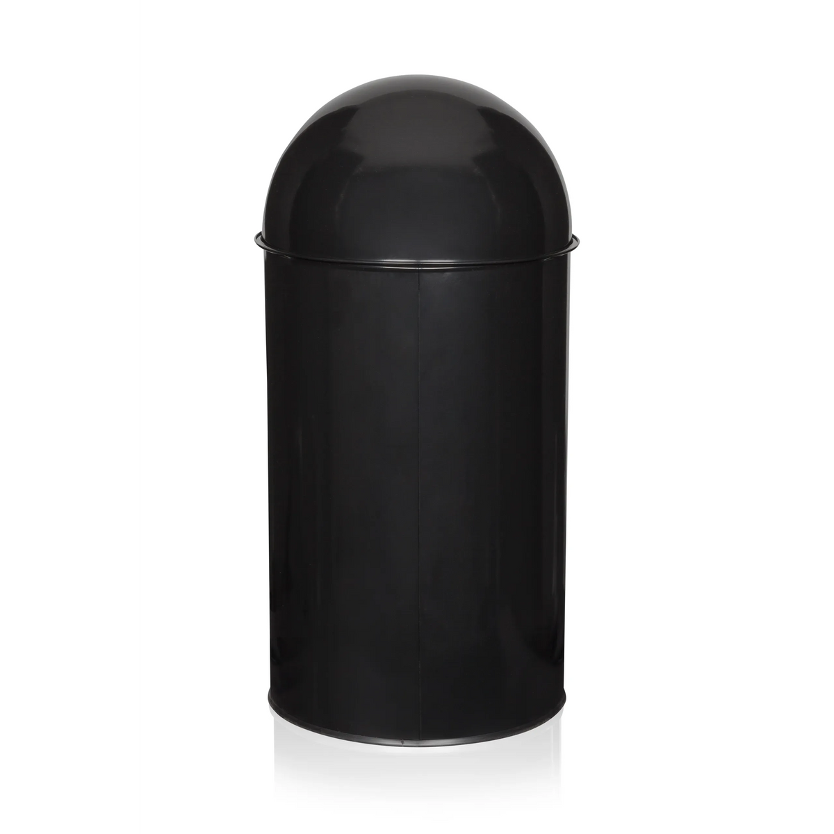 Schwarzer Mülleimer PUSH 50L mit silberfarbenem Deckeleinsatz von hjh OFFICE – 360-Grad-Ansicht (schräge Rückenansicht 240°)