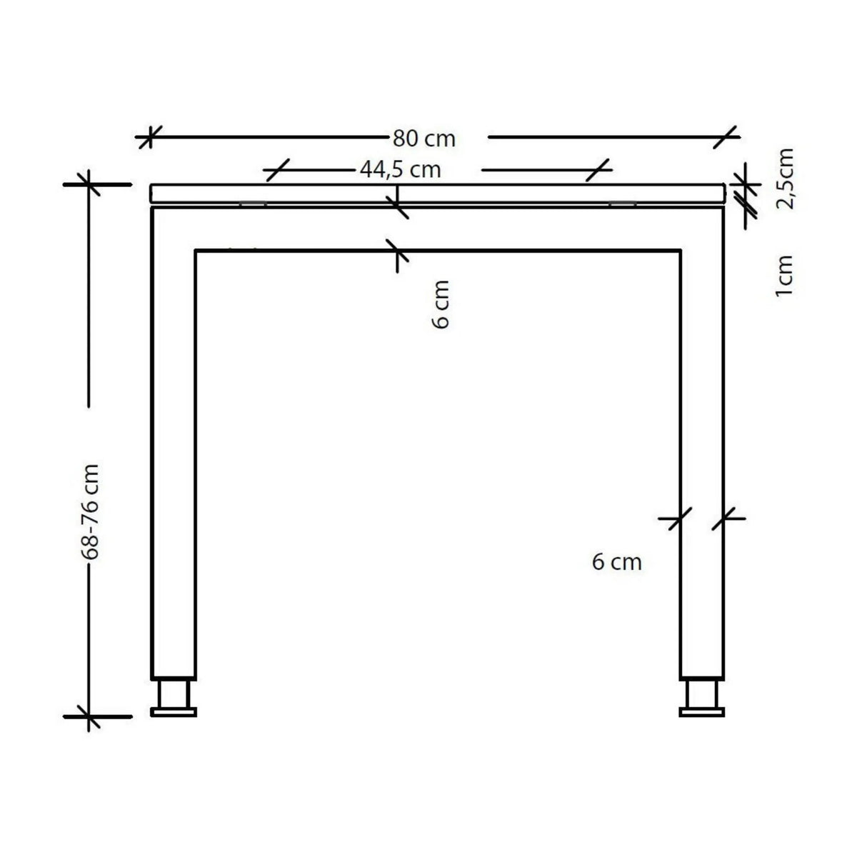 Maßzeichnung des Schreibtischs JAVA 19 S mit einer Breite von 80 cm und Höhe von 68-76 cm von hjh OFFICE PRO
