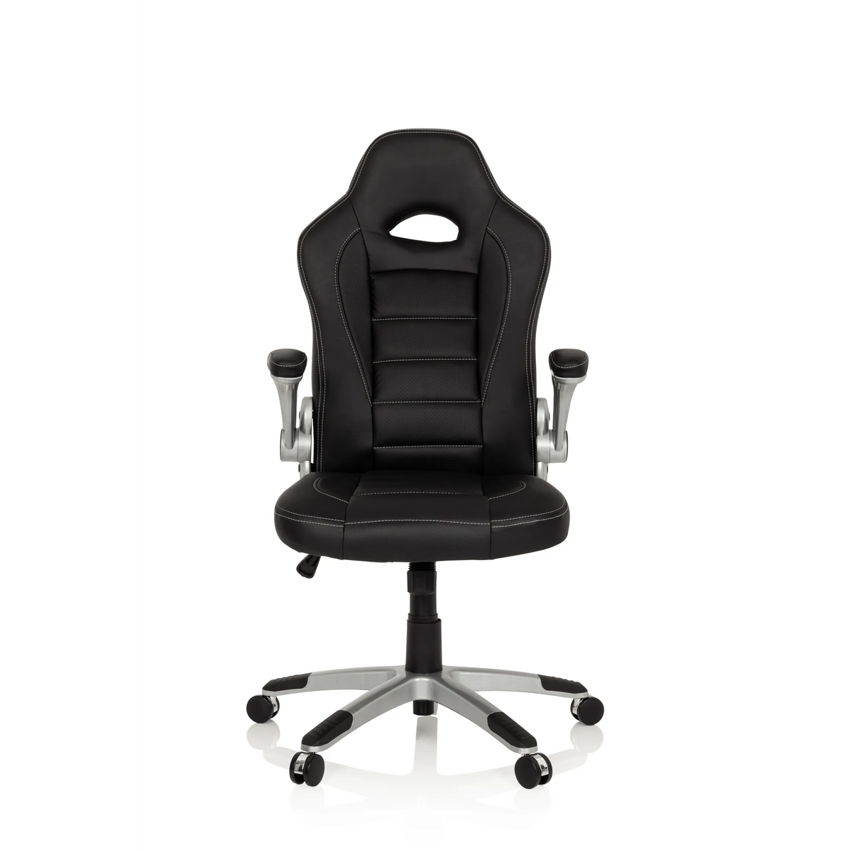 Schwarzer Gamingstuhl GAME SPORT mit Kopfstütze, Armlehnen und silbernem Fußkreuz mit fünf Rollen von hjh OFFICE – 360-Grad-Ansicht (Frontansicht 0°)