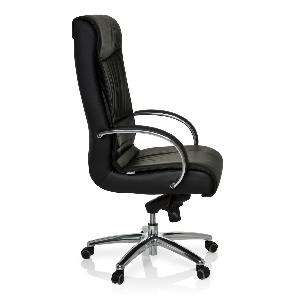 Schwarzer Drehstuhl XXL F 400 aus Leder mit Fußkreuz und fünf Rollen von hjh OFFICE – 360-Grad-Ansicht (Seitenprofil 80°)