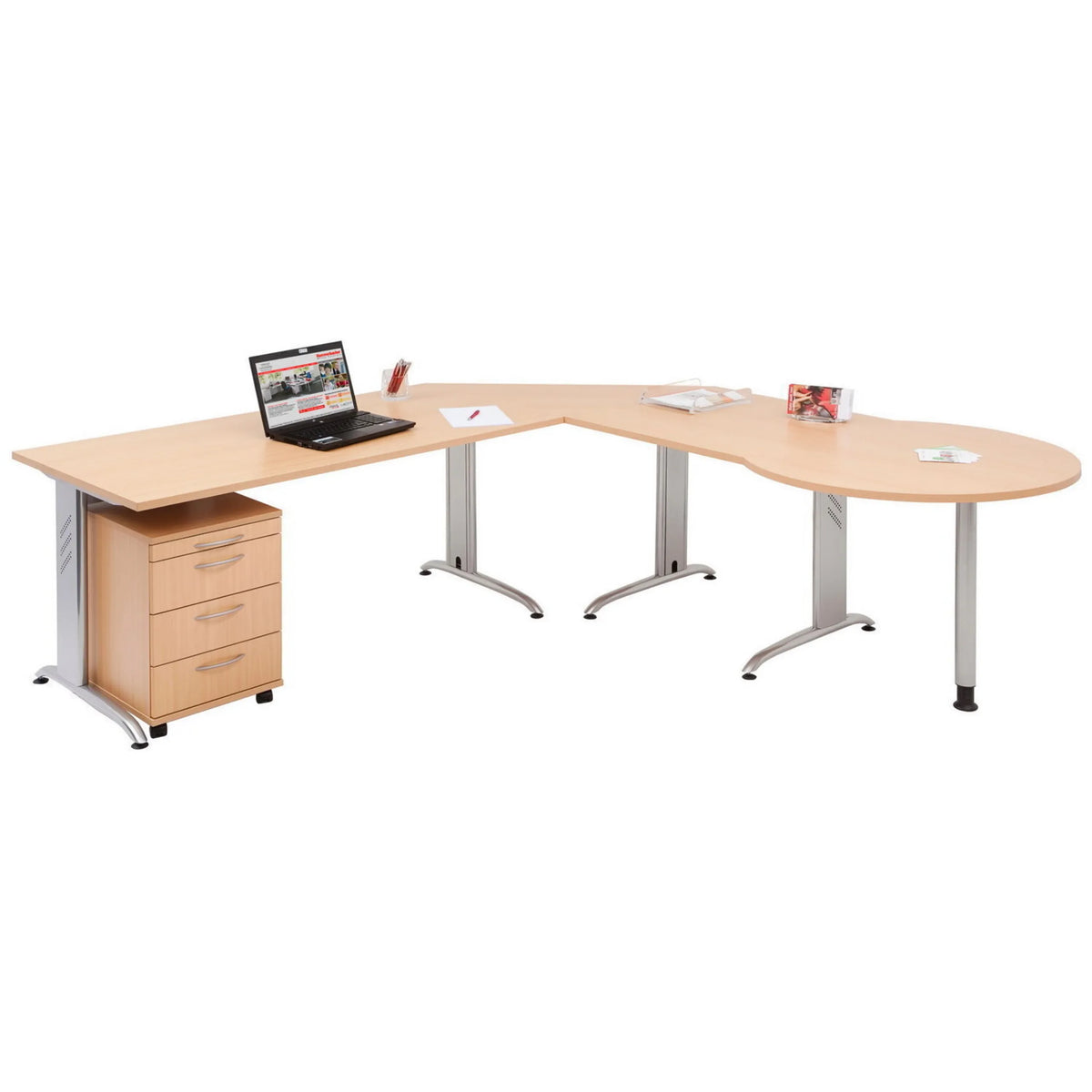 L-förmiger Schreibtisch BELA 18 S in Asteiche mit integriertem Rollcontainer von hjh OFFICE PRO