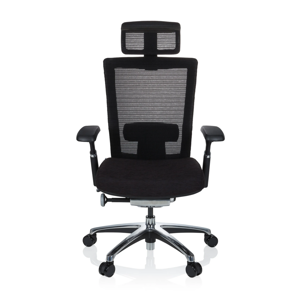 Schwarzer High-End-Bürostuhl NOVA PRO I mit Netzrücken und Fußkreuz mit fünf Rollen von hjh OFFICE – 360-Grad-Ansicht (Frontansicht 0°)