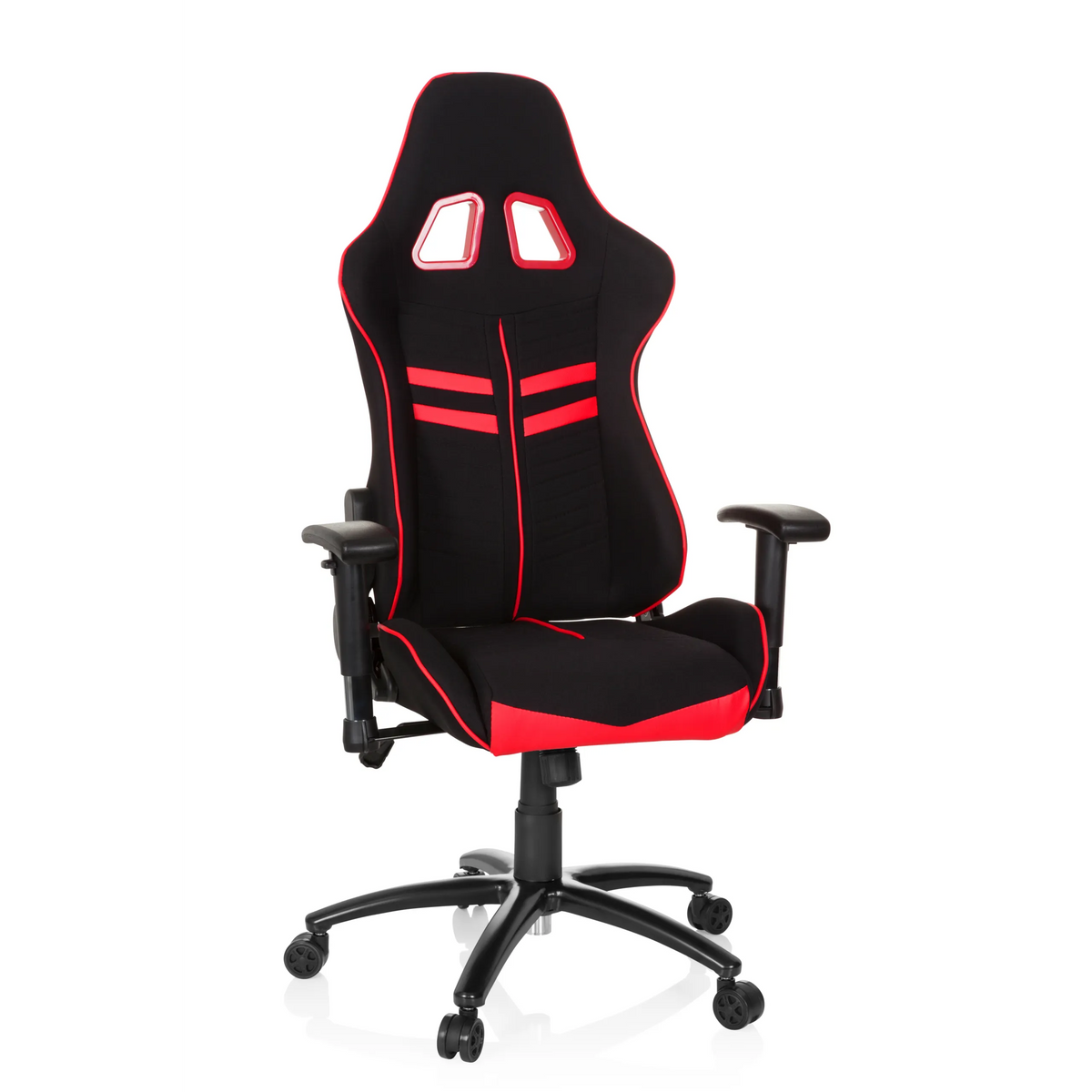Schwarz-roter Gamingstuhl LEAGUE PRO I mit zwei Kopfstützen-Öffnungen und Fußkreuz mit fünf Rollen von hjh OFFICE – 360-Grad-Ansicht (Frontansicht 20°)