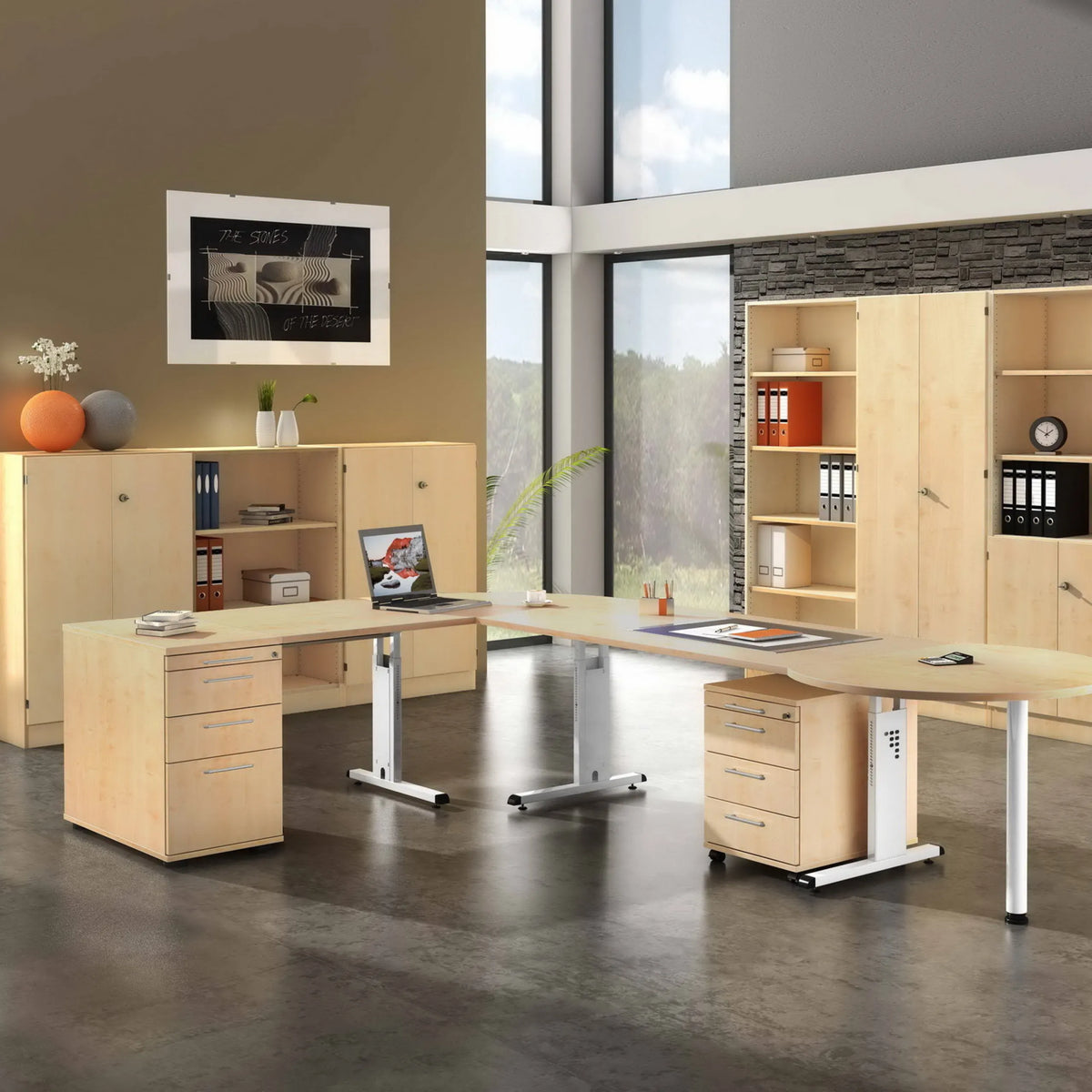 Höhenverstellbarer Schreibtisch MEGA 19 W in Ahorn und Weiß mit Unterrollcontainer von hjh OFFICE PRO