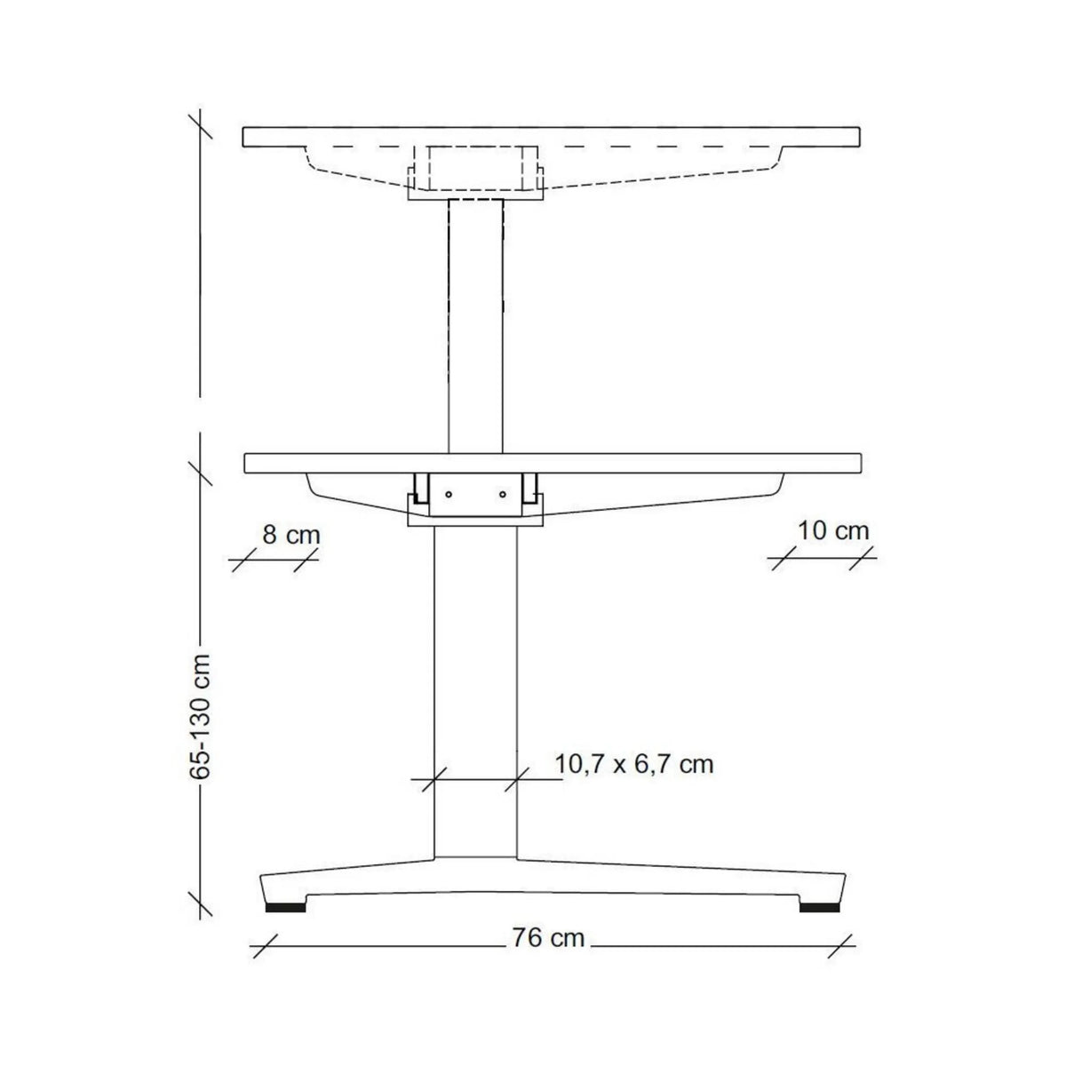 Maßzeichnung des höhenverstellbaren Schreibtischs XBHM 19 GC mit einer Höhe von 65-130 cm von hjh OFFICE PRO