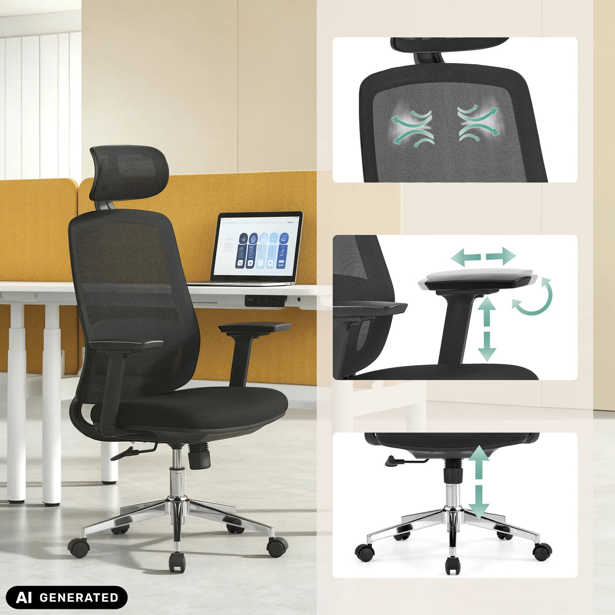 Profi-Bürostuhl Ergosento in Schwarz mit verstellbarer Kopfstütze und Armlehnen von hjh OFFICE (KI-generiertes Bild)