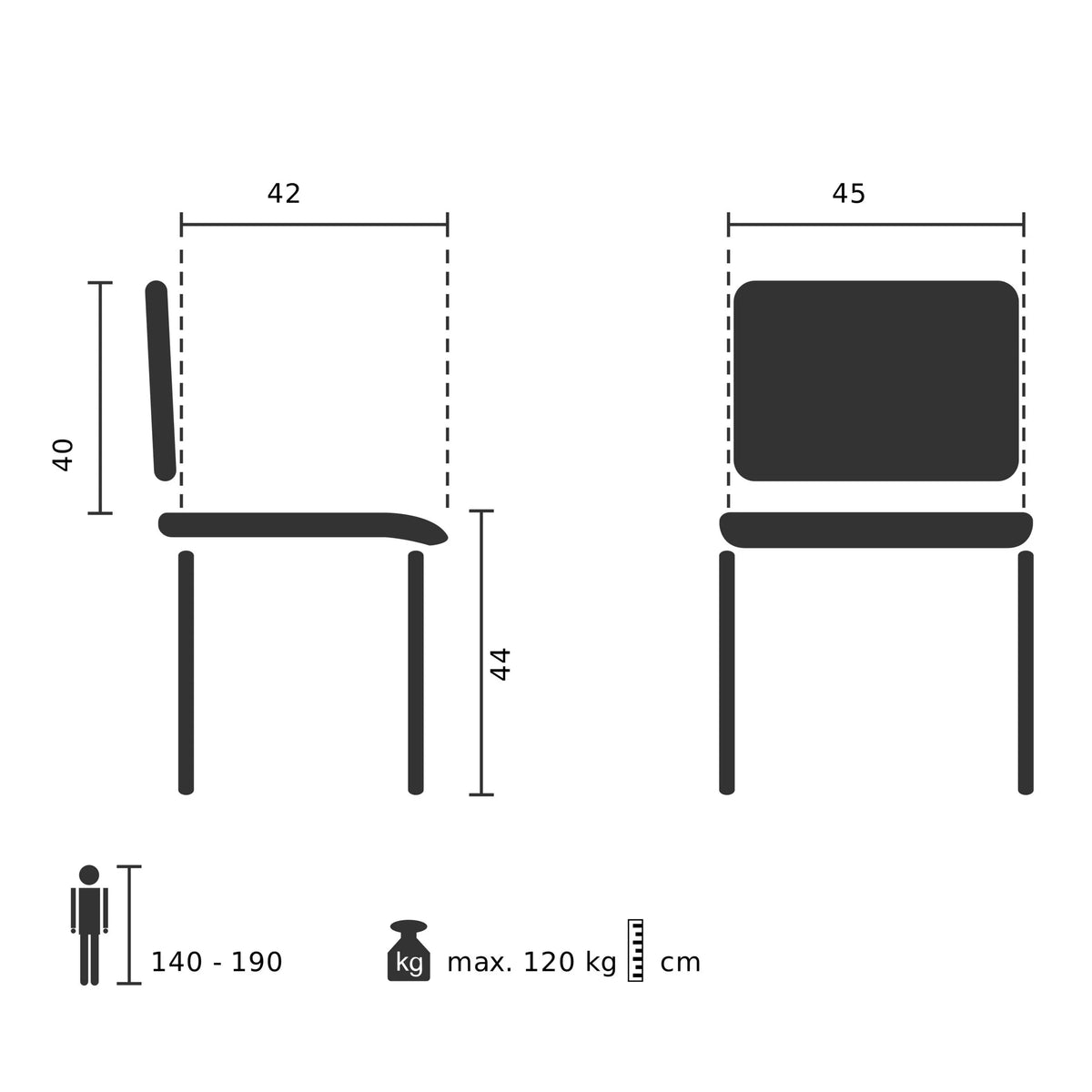 Technische Zeichnung des Outdoor-Stuhls ARTIFO TRI mit einer Sitzhöhe von 44 cm von hjh OFFICE