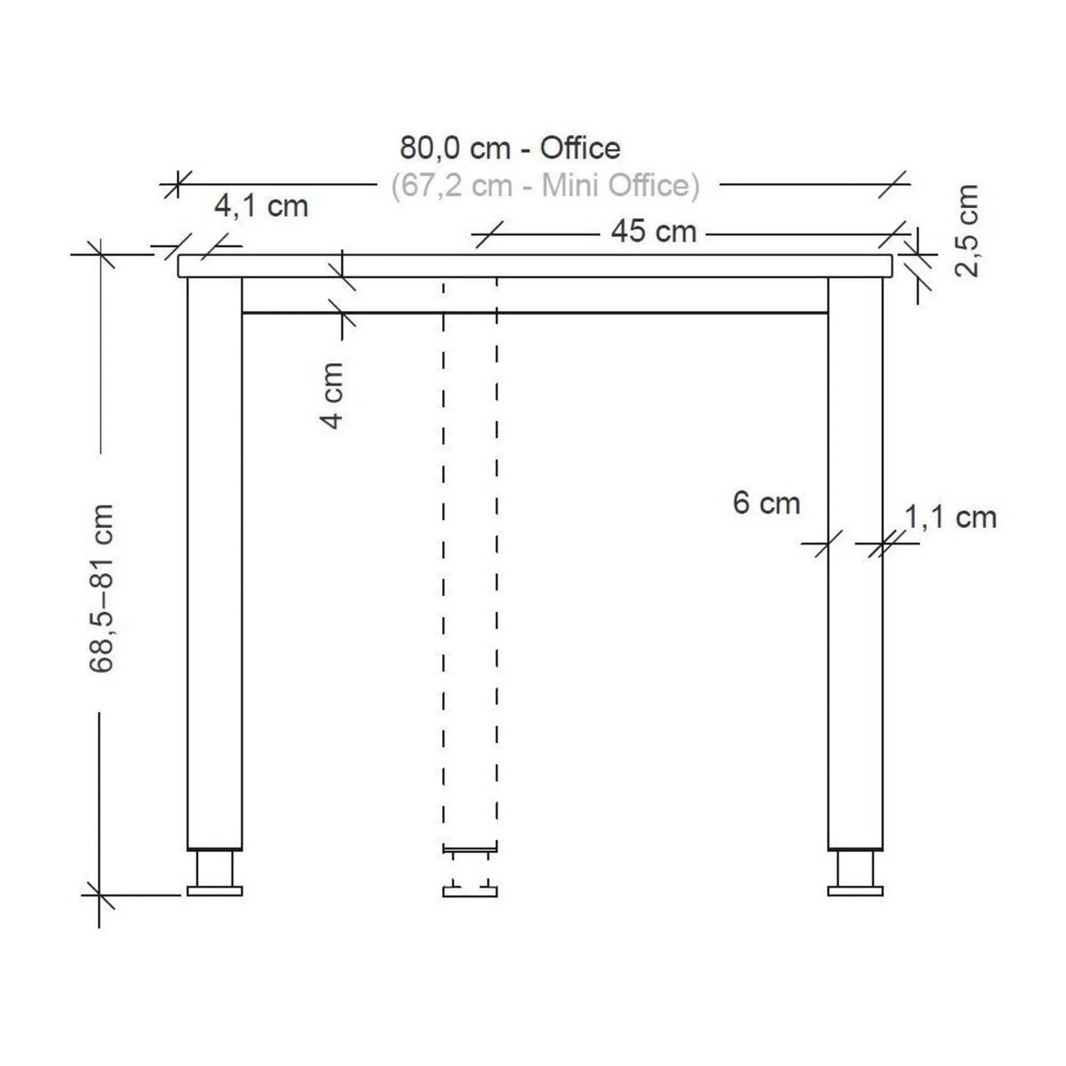 Maßzeichnung des Schreibtischs QUEO 82 S mit Höhenverstellung von 68,5 bis 81 cm von hjh OFFICE PRO