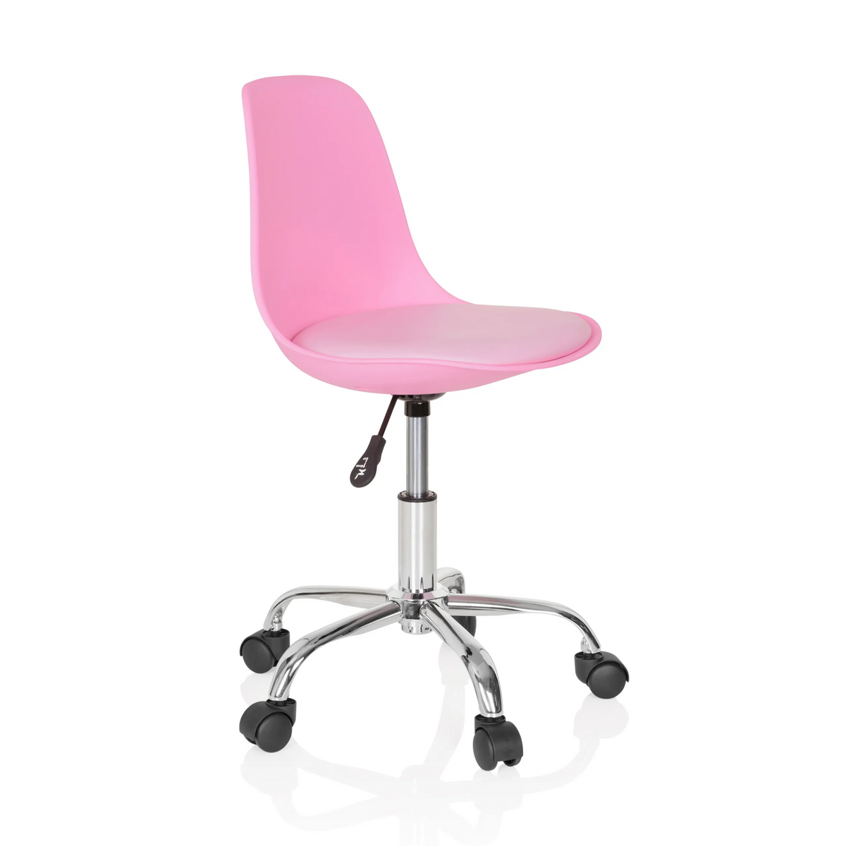 Pinker Kinderdrehstuhl FANCY II mit geschwungener Schale und Fußkreuz mit fünf Rollen von hjh OFFICE – 360-Grad-Ansicht (schräge Frontansicht 60°)