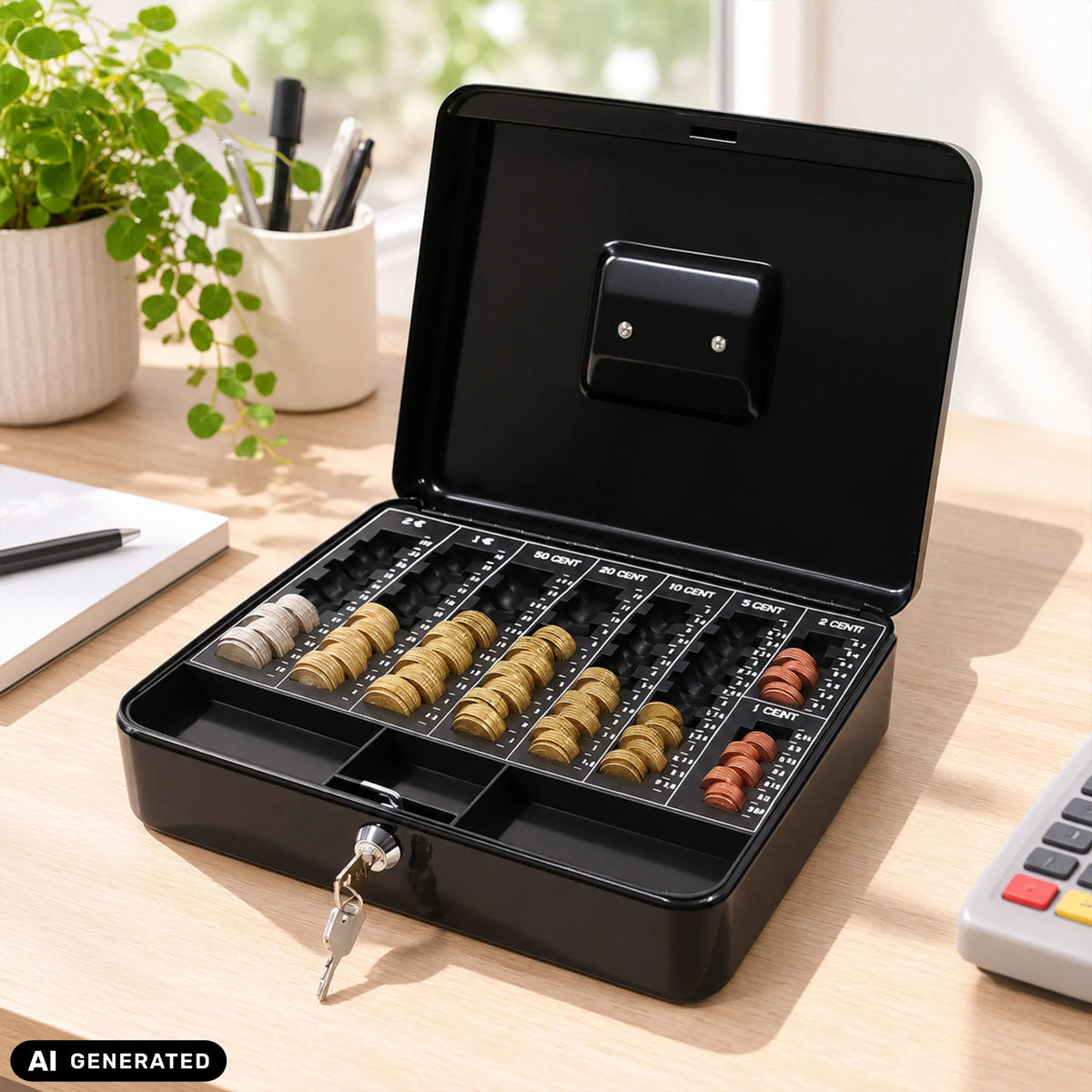 Schwarze Geldkassette SAFE mit Münzfächern, Schloss und zwei Schlüsseln von hjh OFFICE (KI-generiertes Bild)
