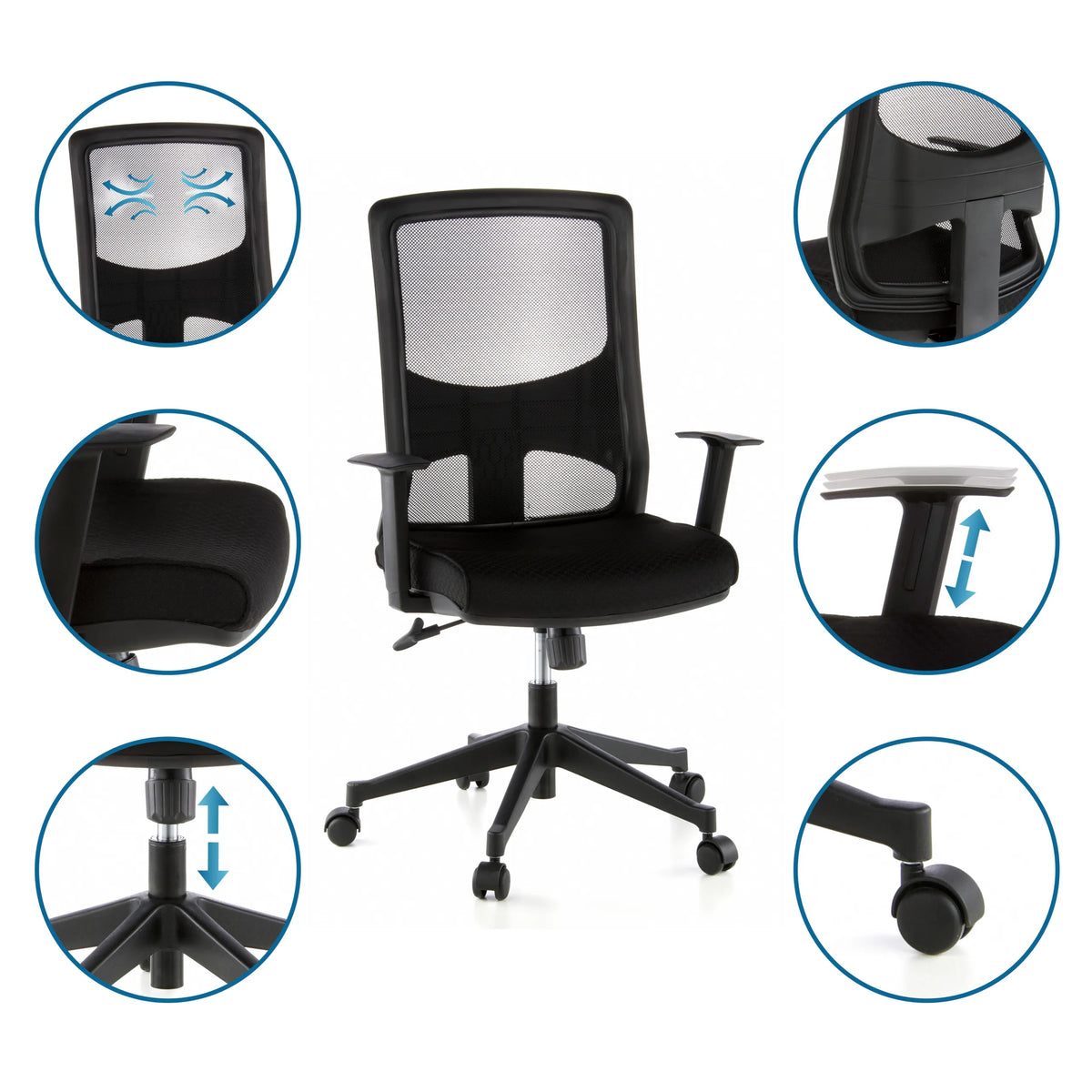 Profi-Bürostuhl LAVITA in Schwarz mit Mesh-Rückenlehne, verstellbaren Armlehnen und Rollen von hjh OFFICE