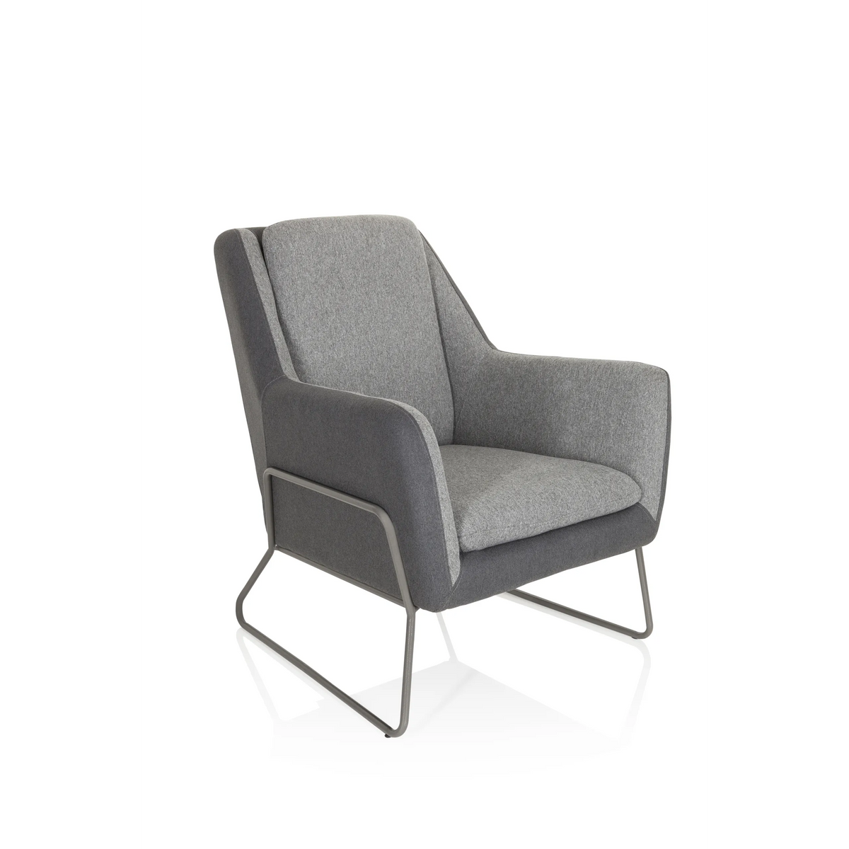 Hellgrauer Polstersessel LAGUN mit dunkelgrauen Akzenten und Metallbeinen von hjh OFFICE – 360-Grad-Ansicht (schräge Frontansicht 40°)