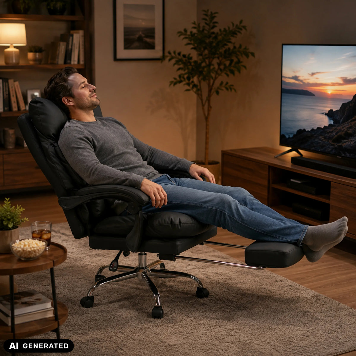 Schwarzer Homeoffice Chefsessel Relax Legoro mit ausgefahrener Fußstütze von MyBuero (KI-generiertes Bild)