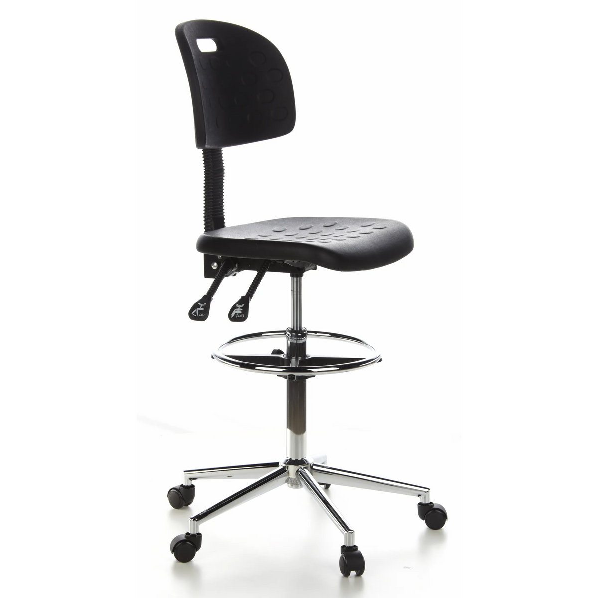 Schwarzer Counterstuhl TOP WORK 23 mit Fußring und Fußkreuz mit fünf Rollen von hjh OFFICE – 360-Grad-Ansicht (schräge Frontansicht 60°)