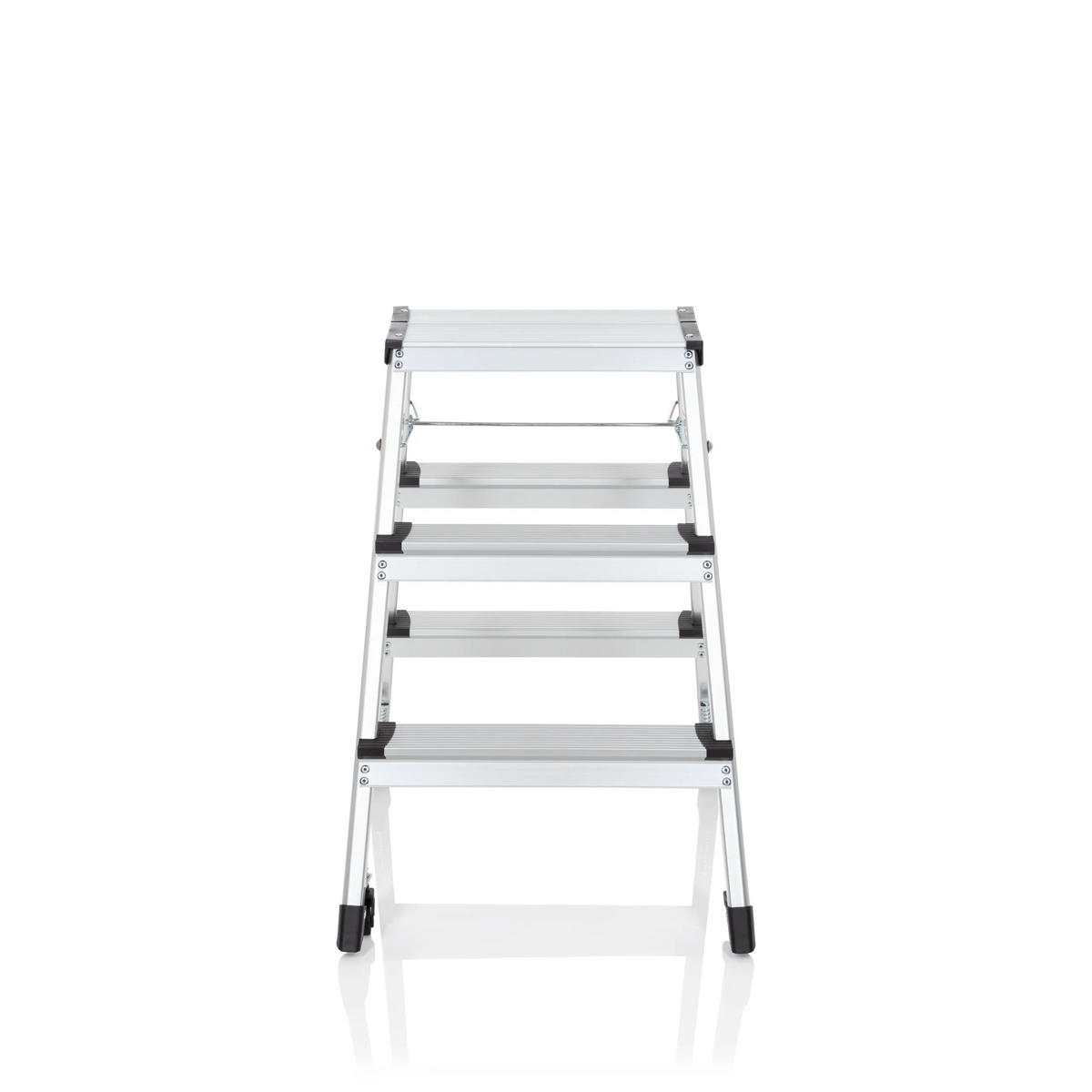 Silberne Klappleiter SOLID IV aus Aluminium mit drei Stufen von hjh OFFICE – 360-Grad-Ansicht (Frontansicht 0°)