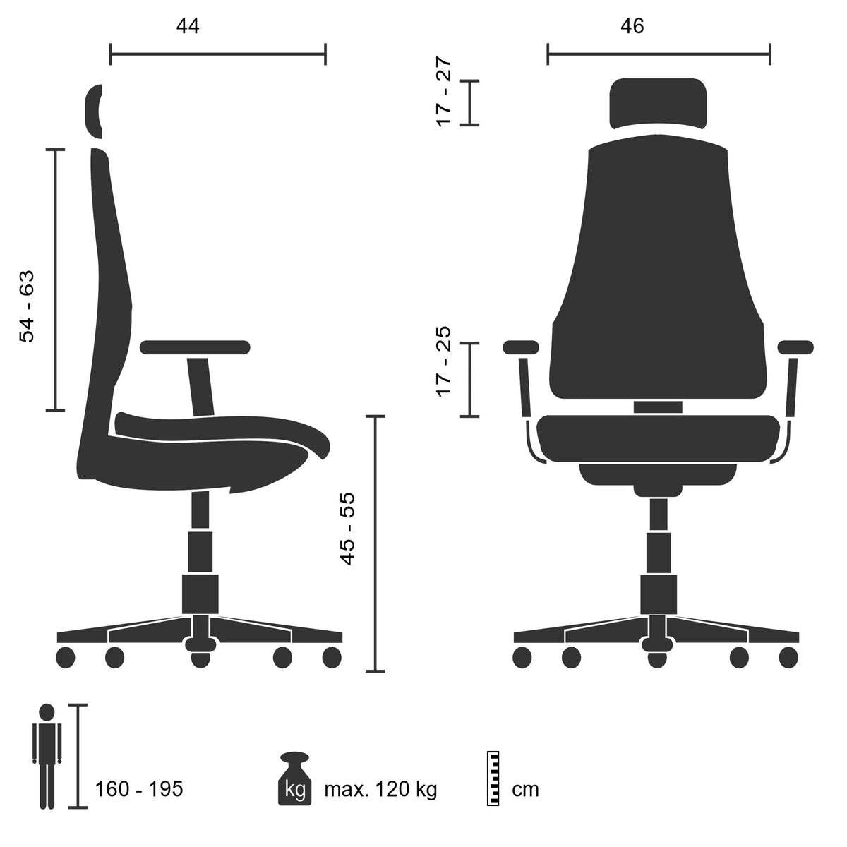 Technische Zeichnung des Profi-Bürostuhls SPEKTRE mit max. 120 kg Belastbarkeit von hjh OFFICE