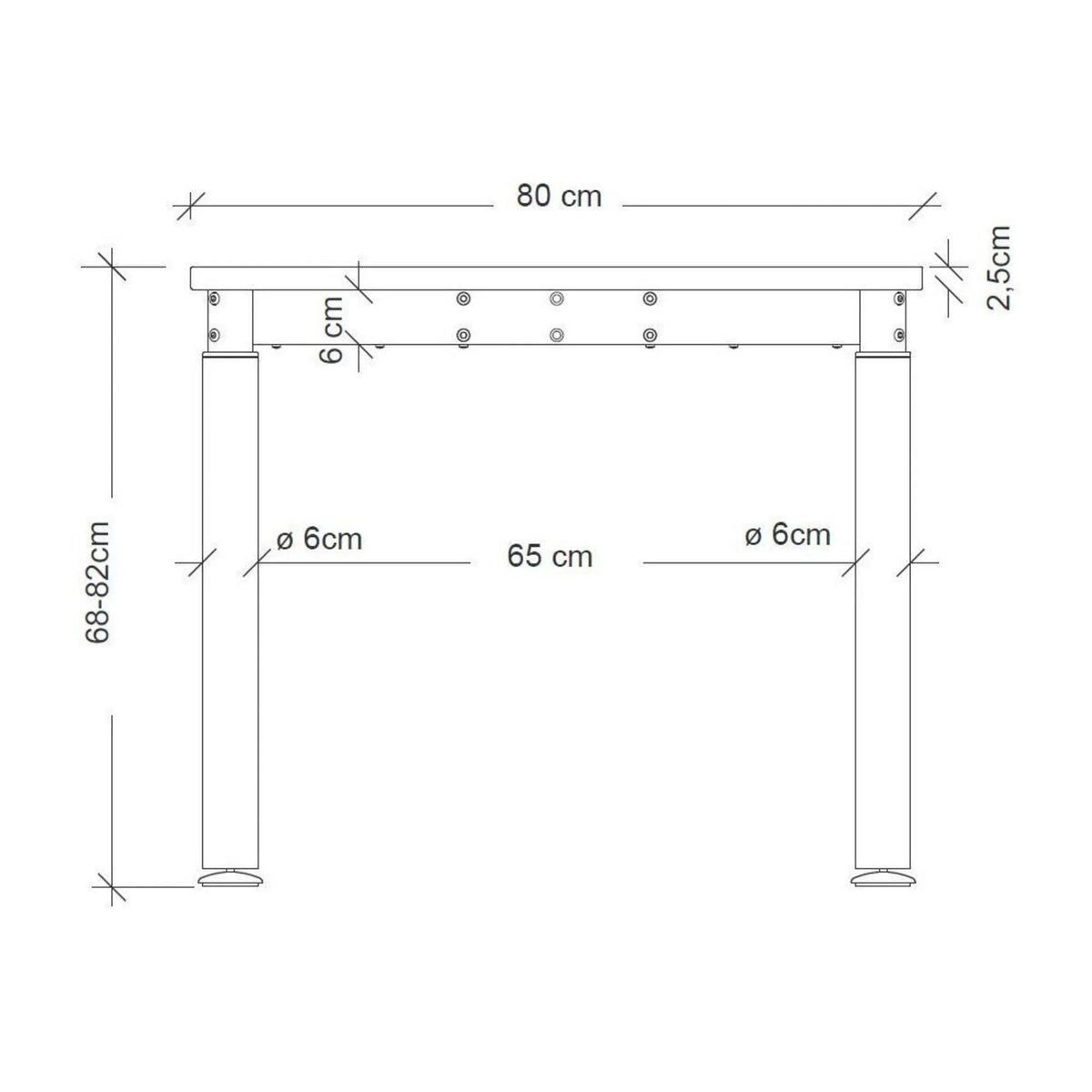 Maßzeichnung des Schreibtischs YAMA 16 G mit einer Breite von 80 cm und Höhe von 68-82 cm von hjh OFFICE PRO
