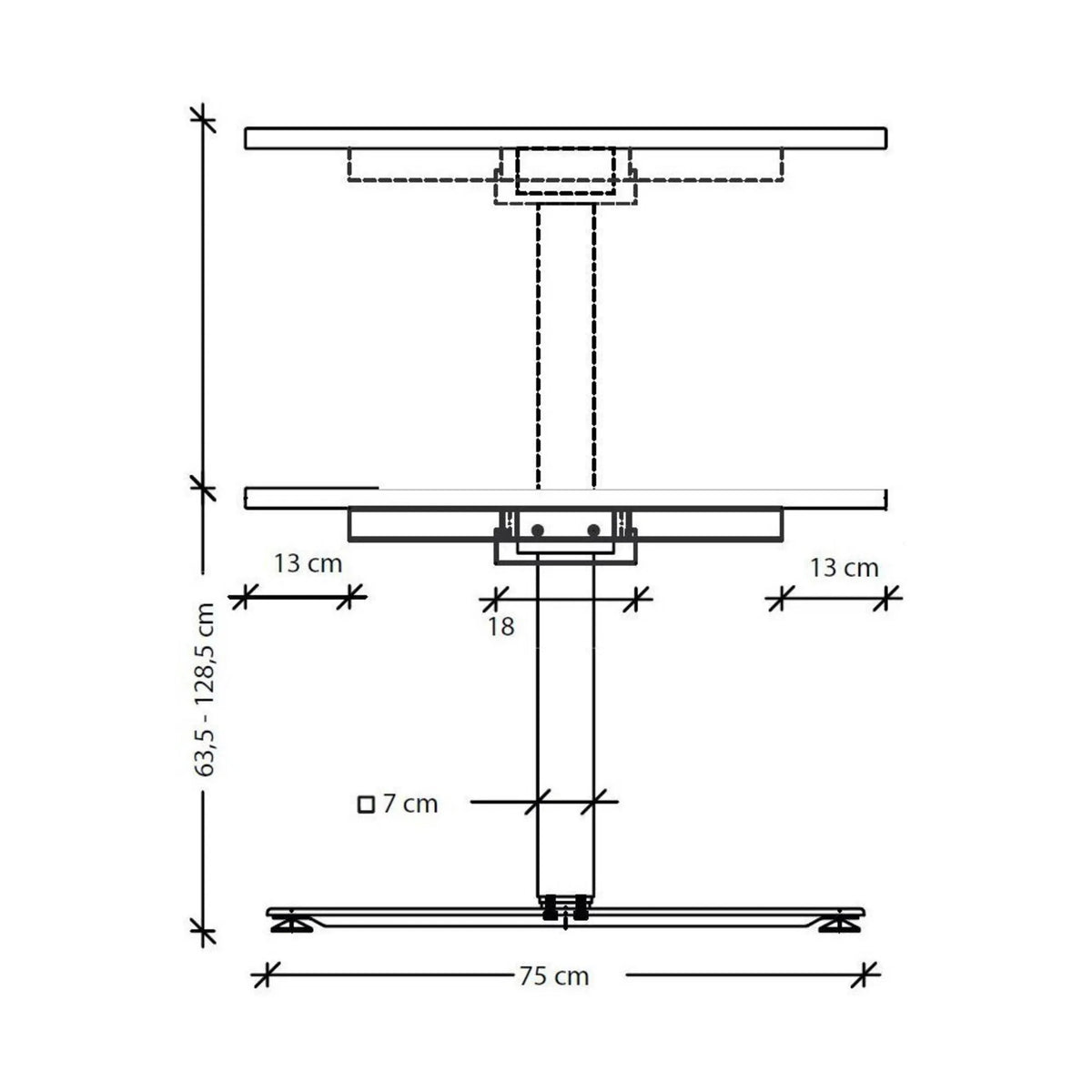 Maßzeichnung des höhenverstellbaren Schreibtischs XDSM 18 G mit einer Höhe von 63,5 bis 128,5 cm von hjh OFFICE PRO