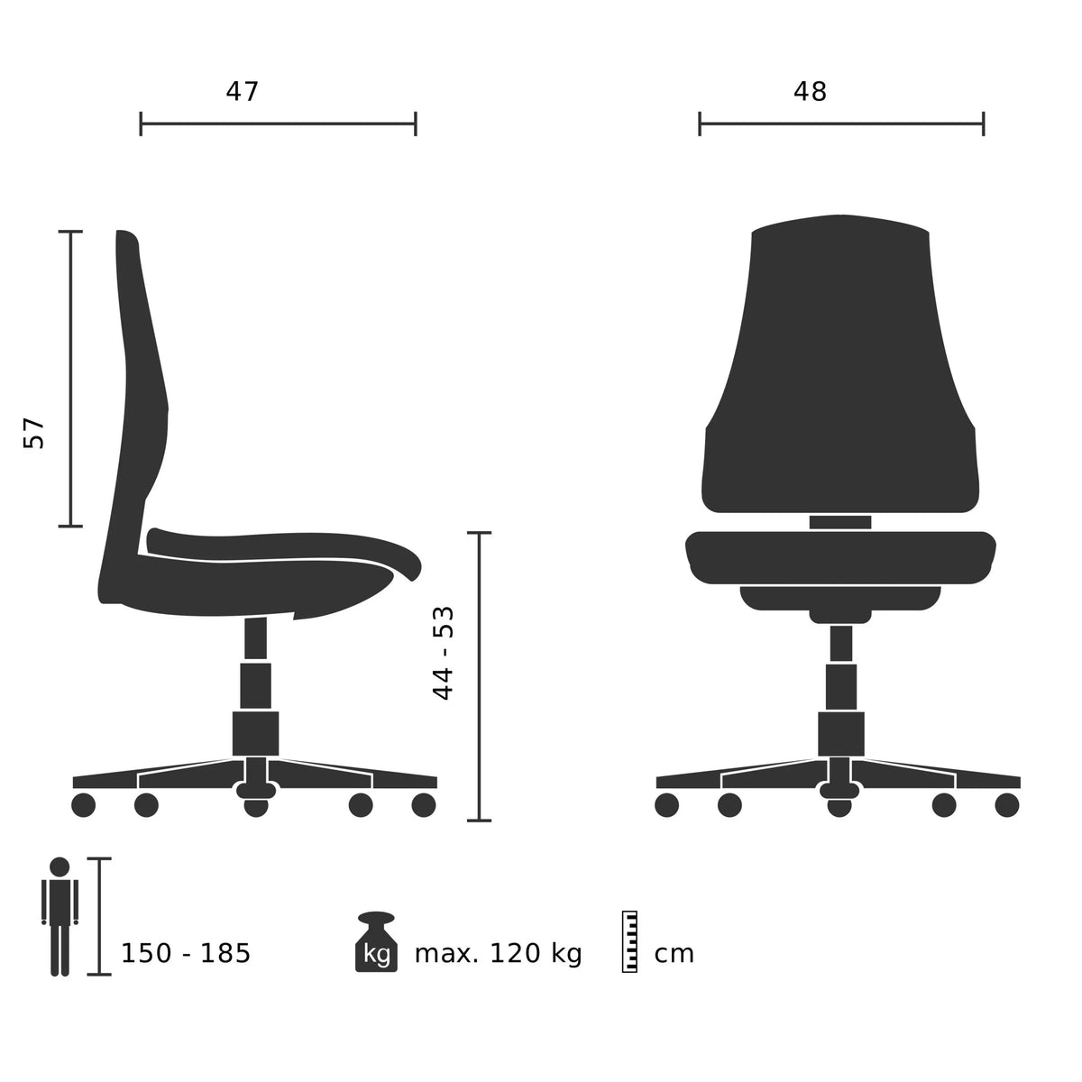Technische Zeichnung des Profi-Bürostuhls PORTO ECO I mit einer Breite von 48 cm von hjh OFFICE