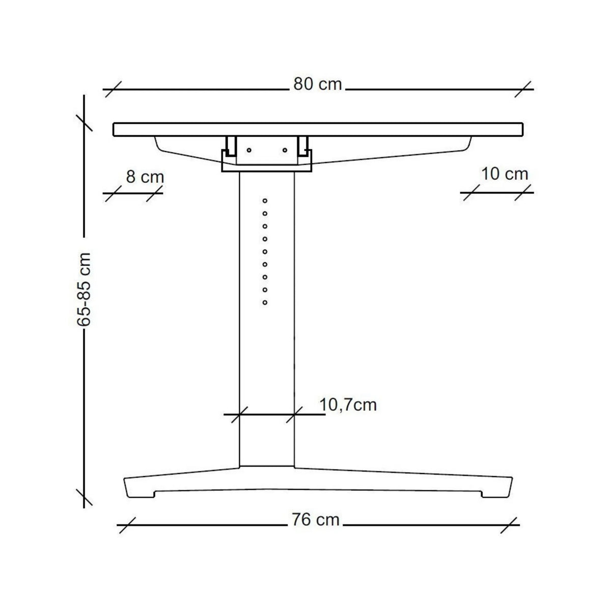 Maßzeichnung des höhenverstellbaren Schreibtischs XTRA XB 8 GC mit Breite 80 cm und Höhe 65-85 cm von hjh OFFICE PRO