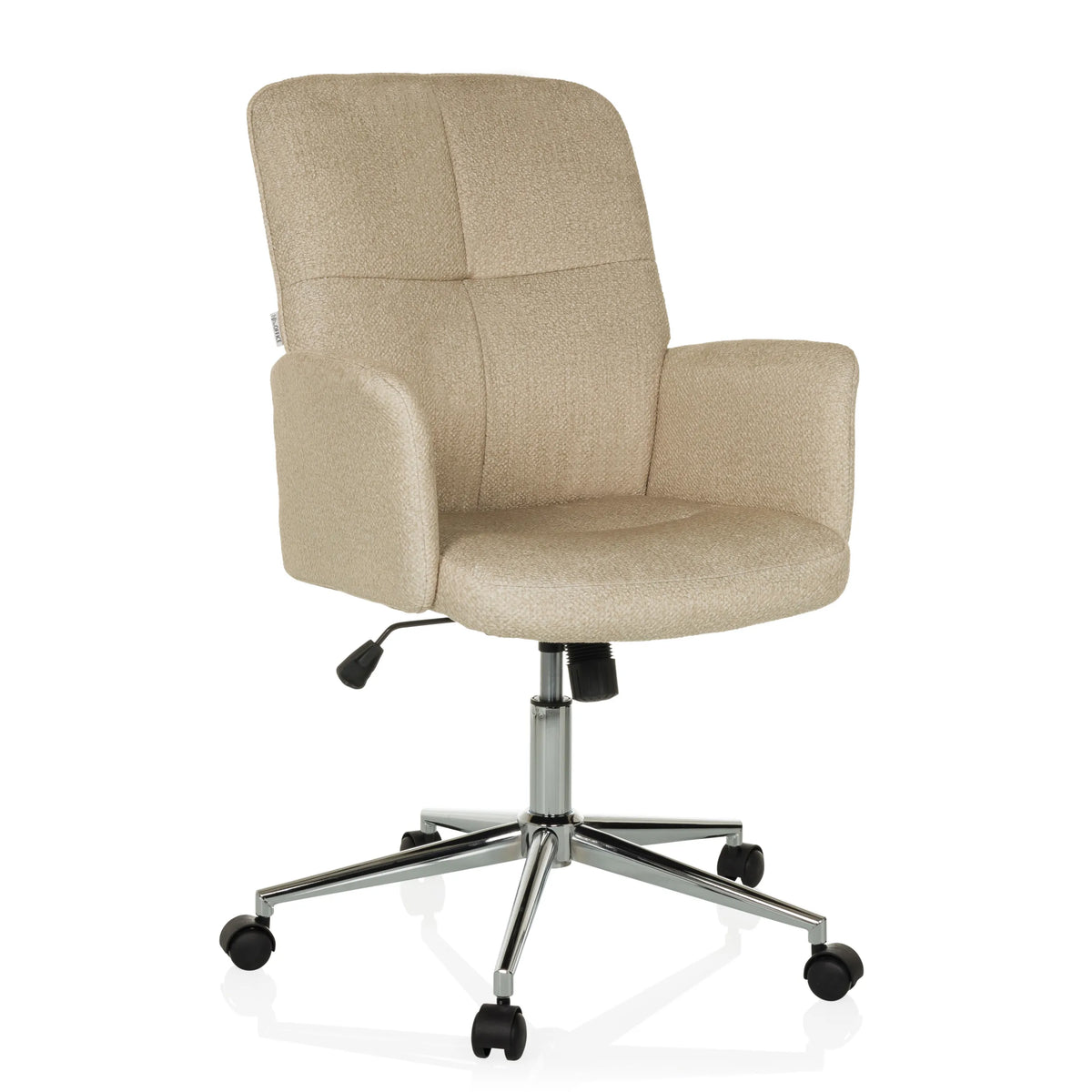 Beiger Homeoffice-Bürostuhl SOLAO 400 mit gepolsterten Armlehnen und Fußkreuz mit fünf Rollen von hjh OFFICE – 360-Grad-Ansicht (schräge Frontansicht 30°)