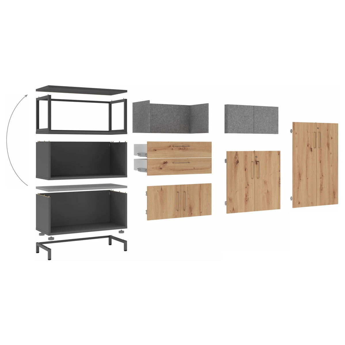 Einzelteile eines Schrankes FlexWall in den Farben Graphit und Eiche mit Stellfüßen und Türen von hjh OFFICE PRO