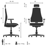 Technische Zeichnung des Profi-Bürostuhls PORTO MAX HIGH mit einer maximalen Belastbarkeit von 110 kg von hjh OFFICE