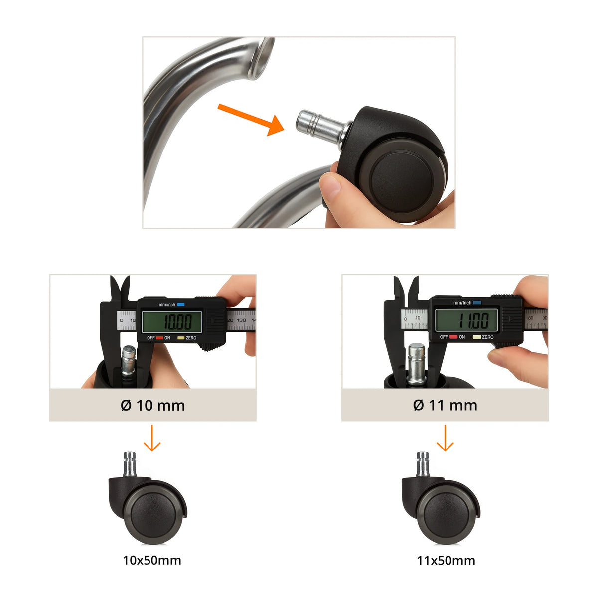 Messanleitung für Stuhlrollen 5x ROLO ESD 10mm/50mm in zwei Größen mit 10 mm und 11 mm Durchmesser von hjh OFFICE