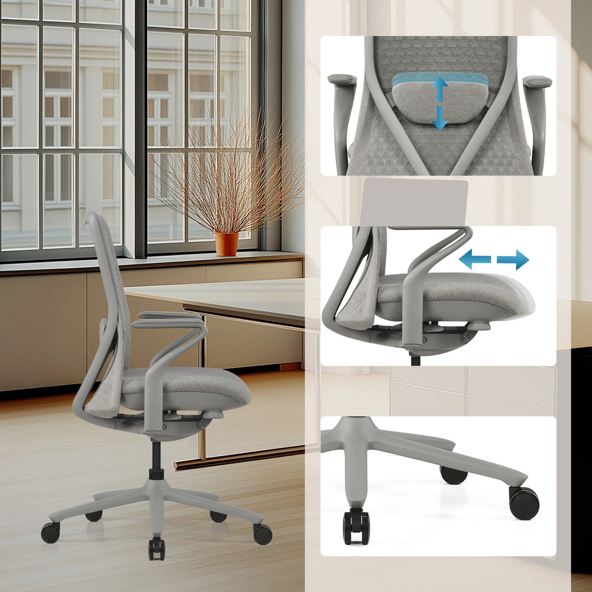 Grauer High-End-Bürostuhl VERVIO mit verstellbarer Kopfstütze und Armlehnen von hjh OFFICE