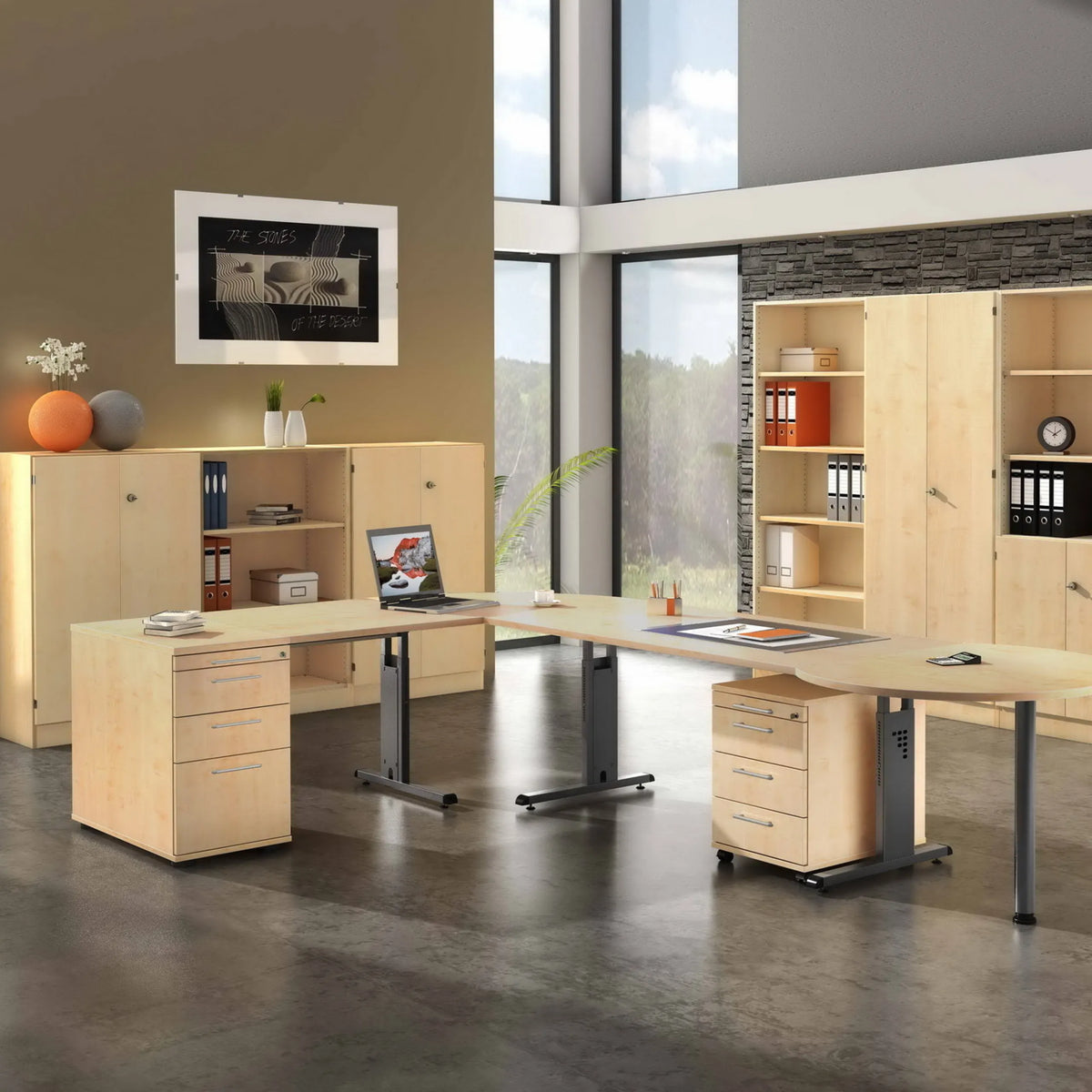 Höhenverstellbarer Schreibtisch MEGA 2E G in Ahorn und Graphit mit integriertem Rollcontainer von hjh OFFICE PRO