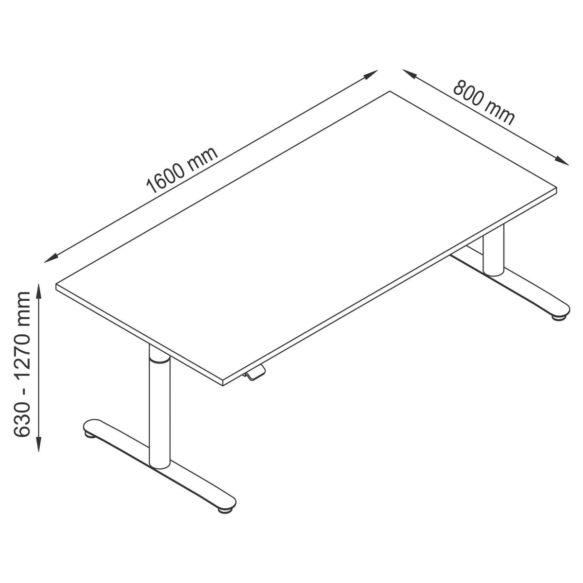 Technische Zeichnung des Schreibtischs XDLR 16 G mit 1600 × 800 mm von hjh OFFICE PRO