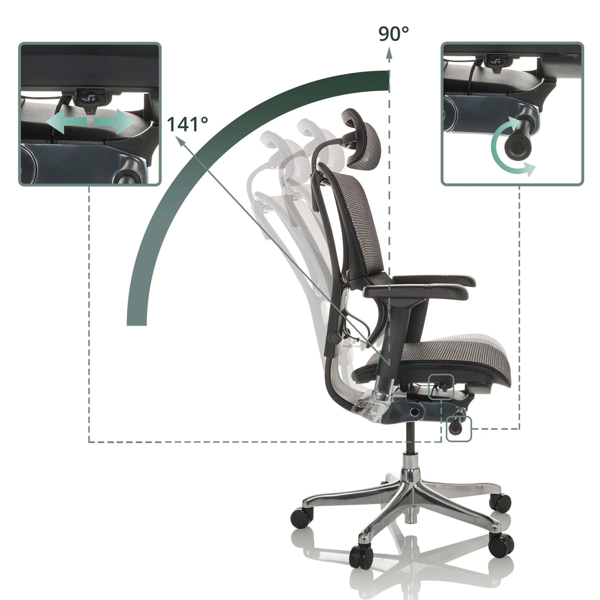 Verstellbereich der Rückenlehne von 90 bis 141 Grad beim Luxus-Chefsessel ERGOHUMAN SLIM GEN2 von hjh OFFICE