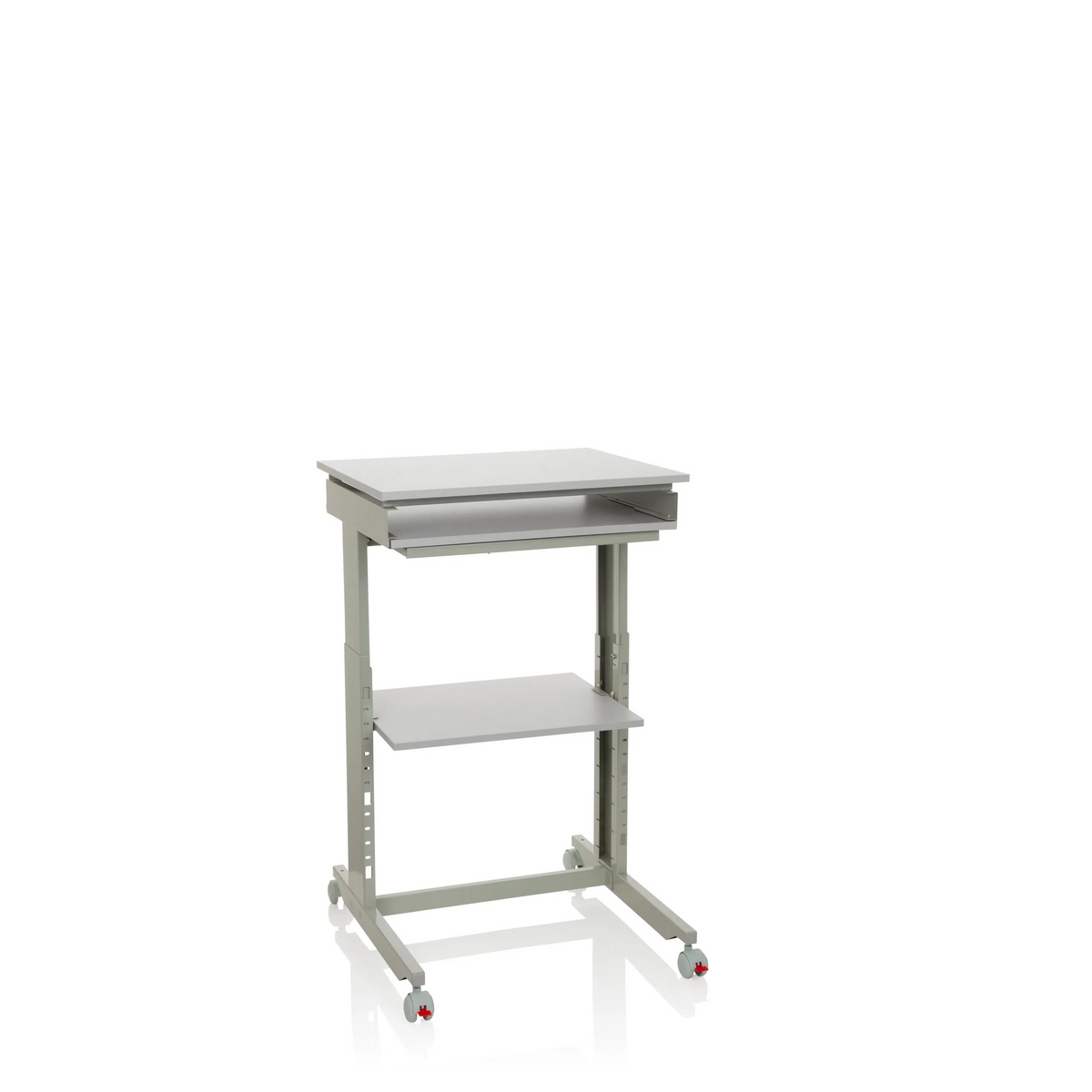 Grauer Stehschreibtisch WORKSTATION mit Ablagefläche und vier Rollen von hjh OFFICE – 360-Grad-Ansicht (Frontansicht 20°)