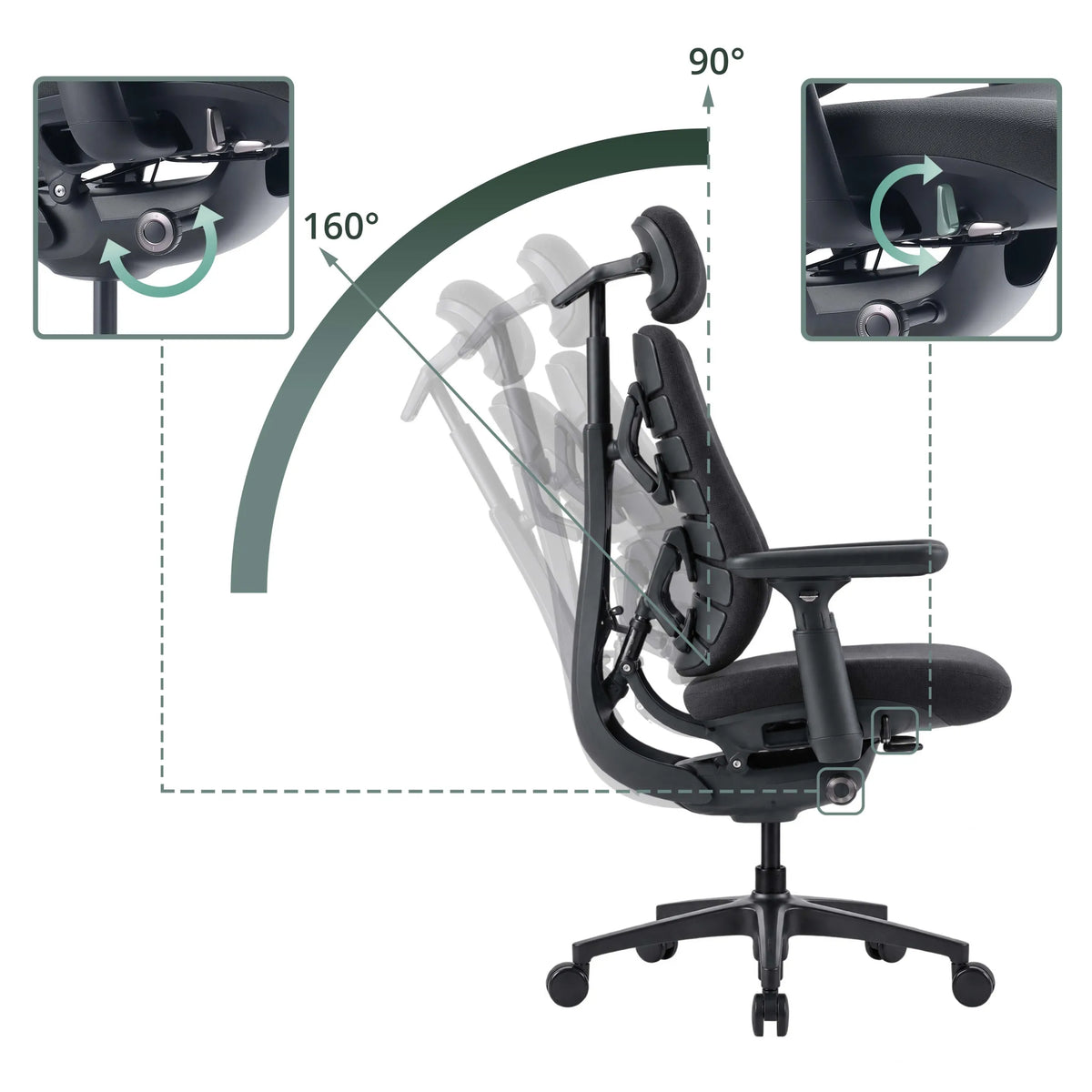 Verstellbare Rückenlehne des Bürostuhls LiberNovo Maxis Airflow mit Neigungswinkel von 90° bis 160° von Libernovo