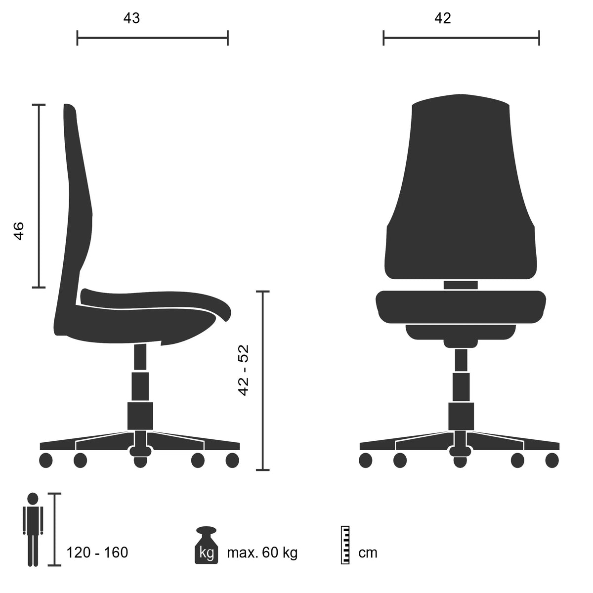 Technische Zeichnung des Kinderdrehstuhls KIDDY NET I mit einer Sitzhöhe von 42 bis 52 cm von hjh OFFICE