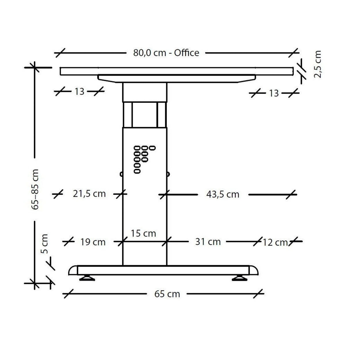Maßzeichnung des höhenverstellbaren Schreibtischs MEGA 18 G mit einer Breite von 80,0 cm von hjh OFFICE PRO
