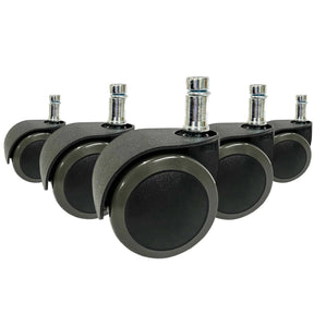 Fünf schwarze Stuhlrollen 5x ROLO EASY 11mm/50mm für Hartböden mit metallenen Befestigungsstiften von hjh OFFICE
