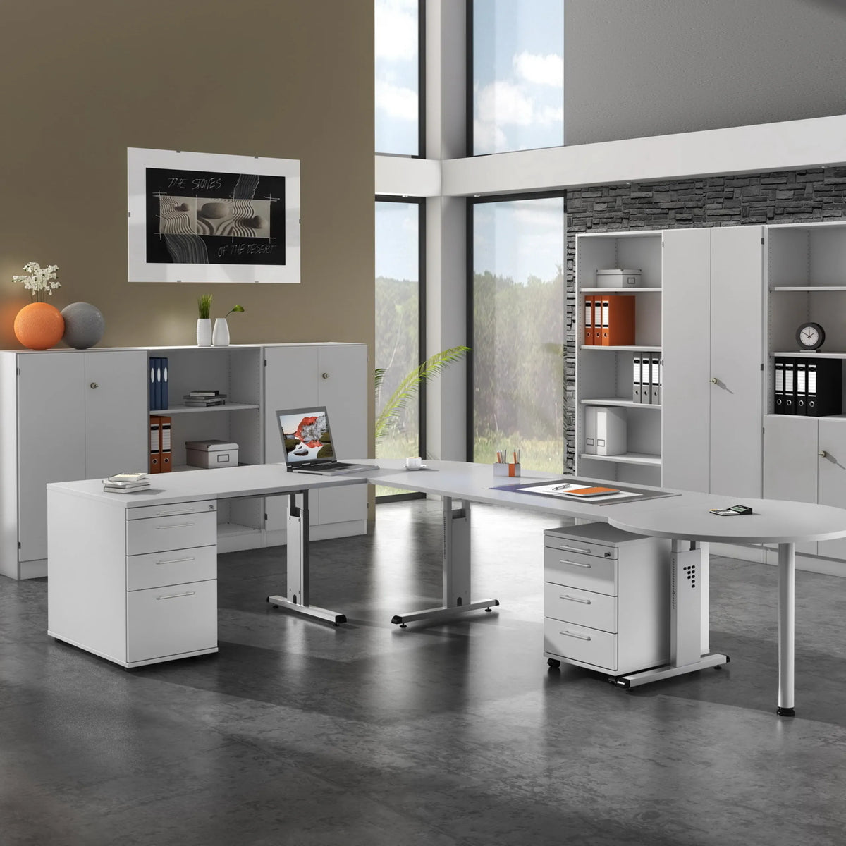 Höhenverstellbarer Schreibtisch MEGA 16 S in Grau und Silber mit Rollcontainer und Sideboard von hjh OFFICE PRO