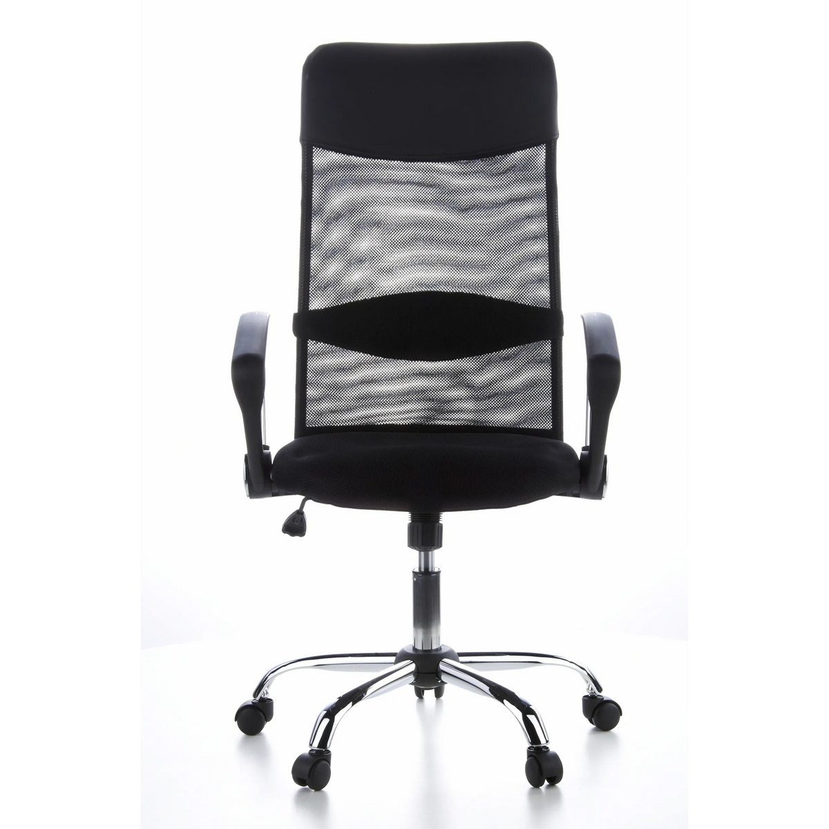 Schwarzer Homeoffice Chefsessel ARIA HIGH mit Netzrücken und Fußkreuz mit fünf Rollen von hjh OFFICE – 360-Grad-Ansicht (Frontansicht 0°)