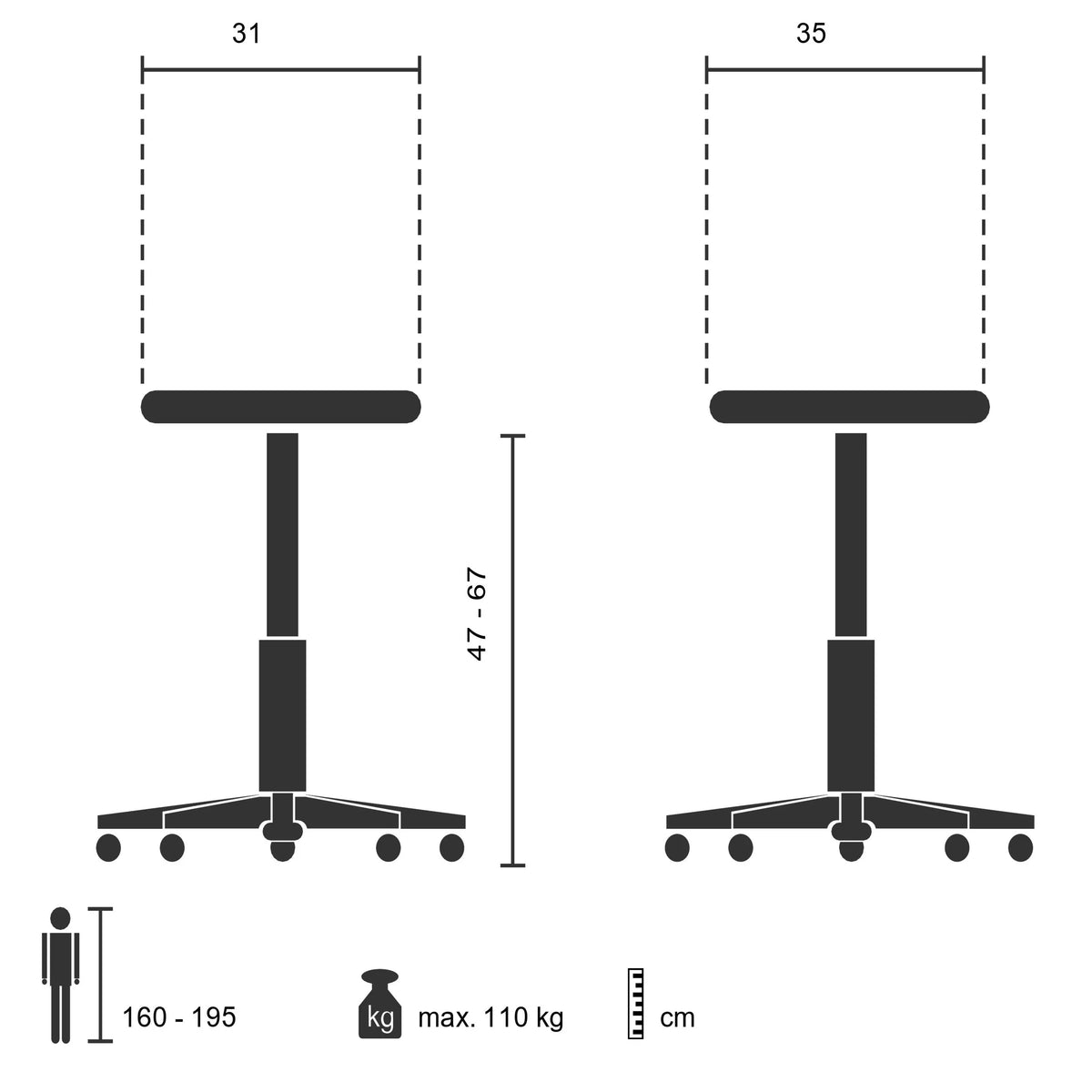 Technische Zeichnung des Sattelhockers TOP WORK 20 mit einer Sitzhöhe von 47 bis 67 cm von hjh OFFICE