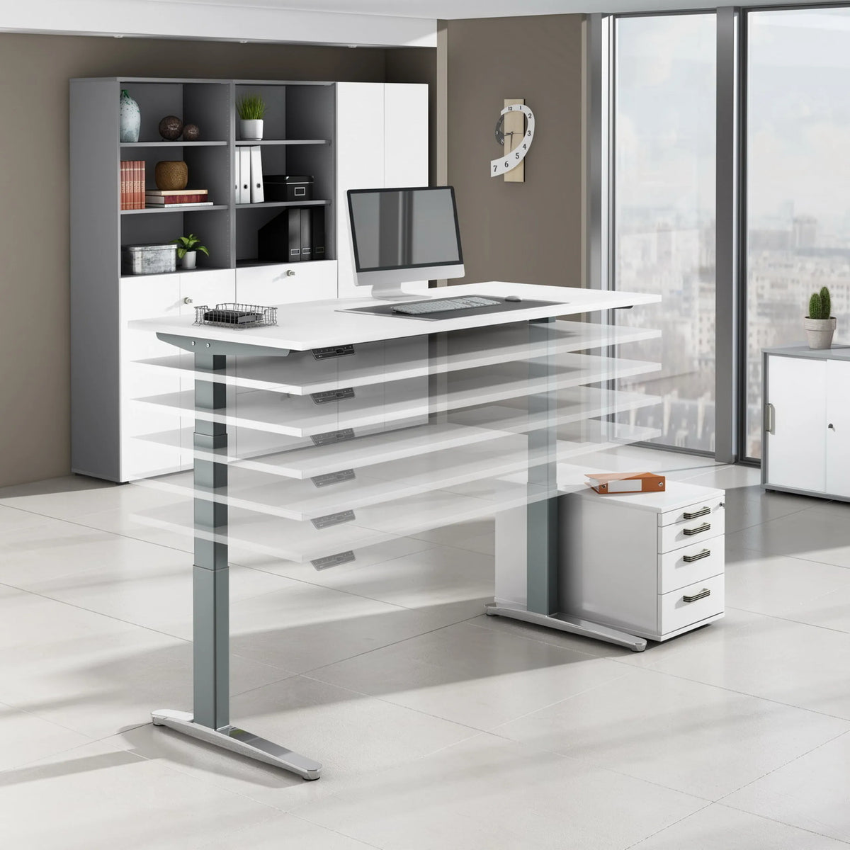 Elektrisch höhenverstellbarer Schreibtisch XBHM 2E WW in Asteiche mit weißer Platte von hjh OFFICE PRO