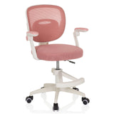 Rosa Kinderdrehstuhl KIDDY SMART mit Netzrücken und Fußkreuz mit fünf Rollen von hjh OFFICE – 360-Grad-Ansicht (schräge Frontansicht 30°)