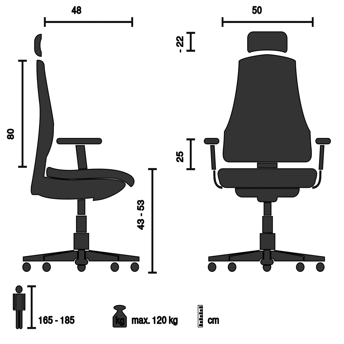 Technische Zeichnung des Gamingstuhls GAME SPORT PRO mit einer maximalen Belastung von 120 kg von MyBuero