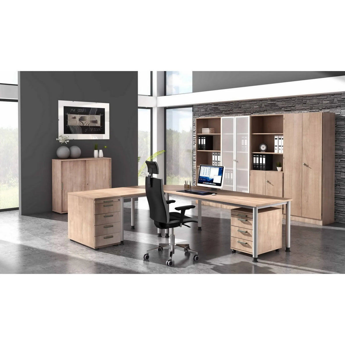 L-förmiger Schreibtisch HILO 19 S in Asteiche mit zwei Schubladenelementen und einem Bürostuhl von hjh OFFICE PRO