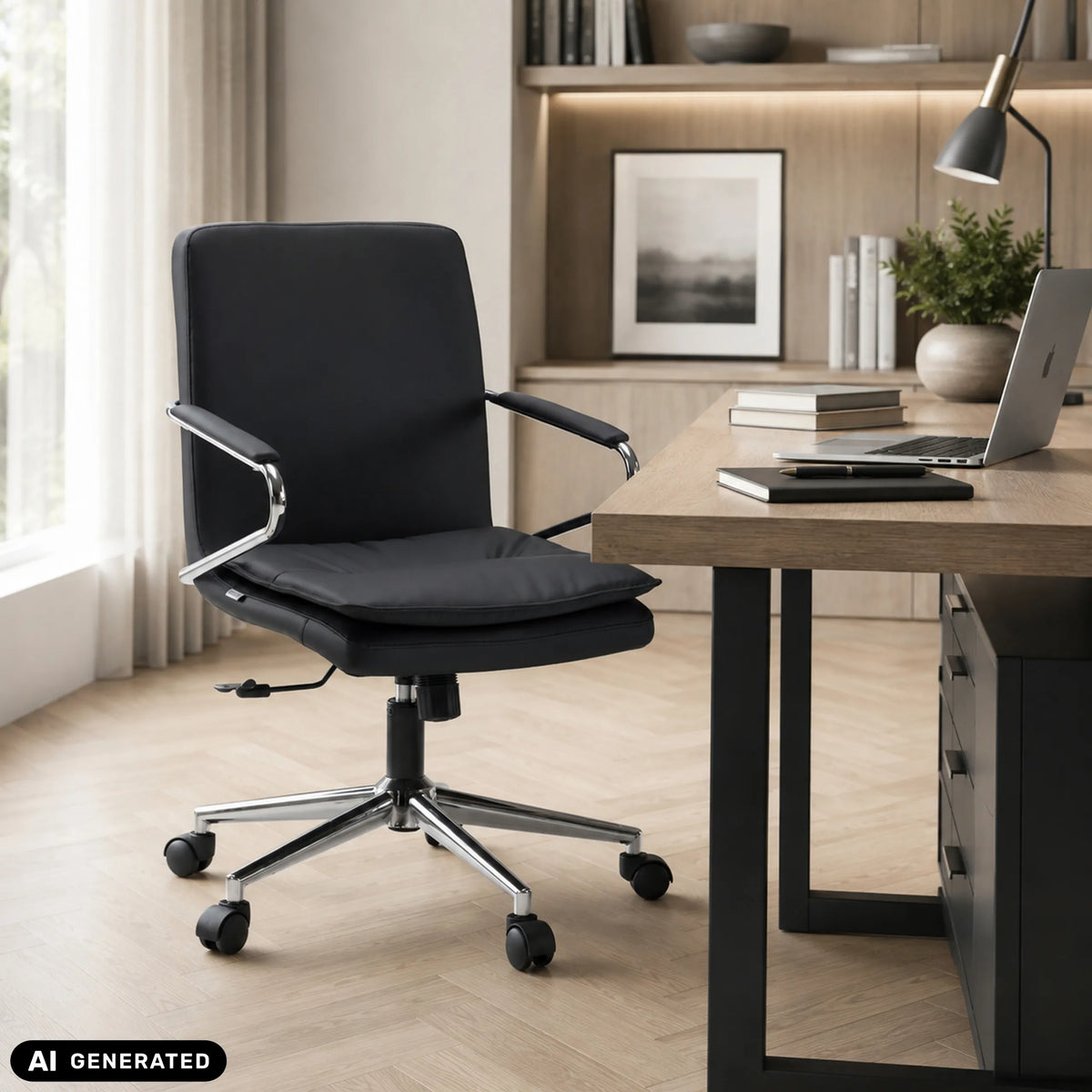 Schwarzer Homeoffice-Bürostuhl Rovento mit Armlehnen und Fußkreuz auf Rollen von hjh OFFICE (KI-generiertes Bild)