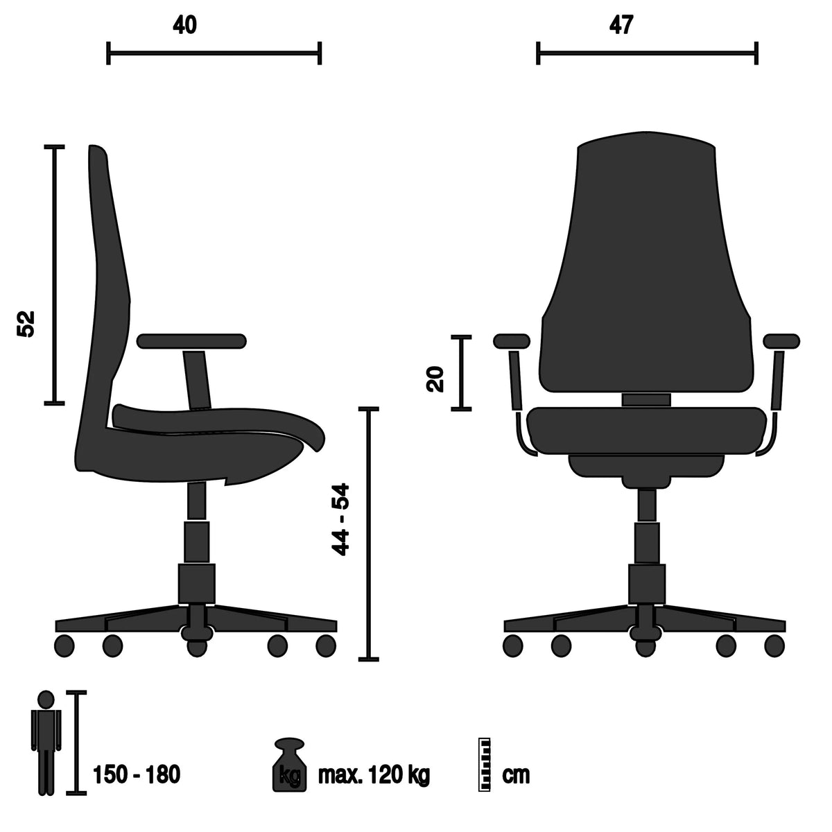 Technische Zeichnung des Homeoffice Bürostuhls MIKO W ECO mit einer maximalen Belastbarkeit von 120 kg von hjh OFFICE