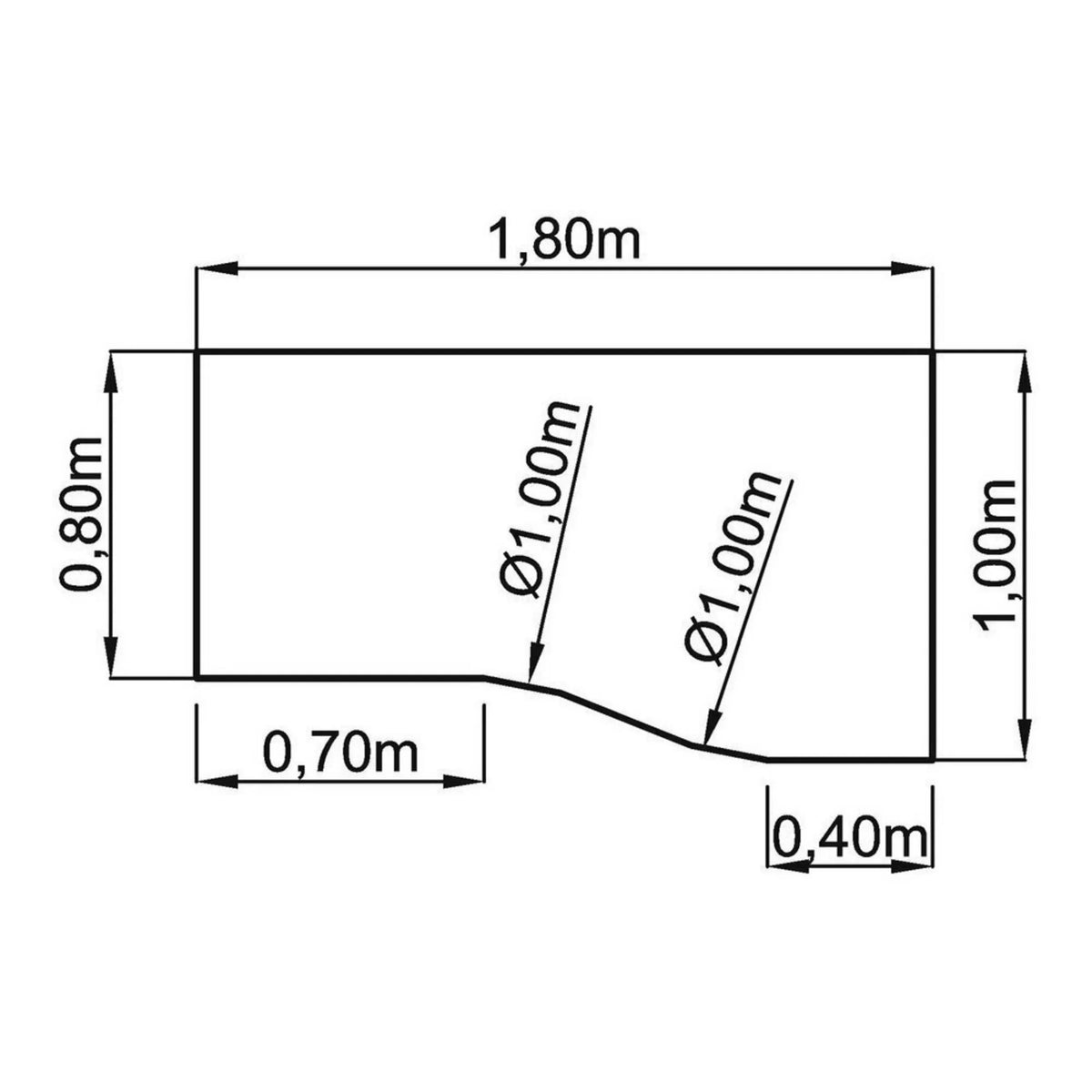 Technische Zeichnung des Schreibtischs MEGA 18 G mit 1,80 × 1,00 m von hjh OFFICE PRO