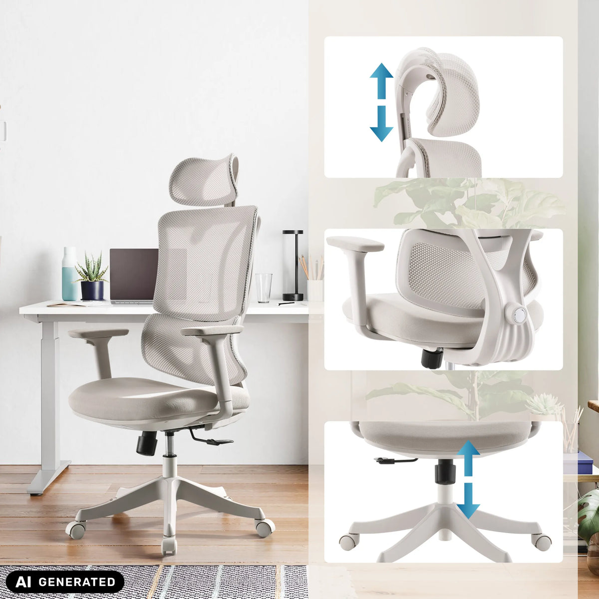 Verstellbare Kopfstütze, Armlehnen und Sitzhöhe des Homeoffice-Bürostuhls Ergomy Colore von MyBuero (KI-generiertes Bild)