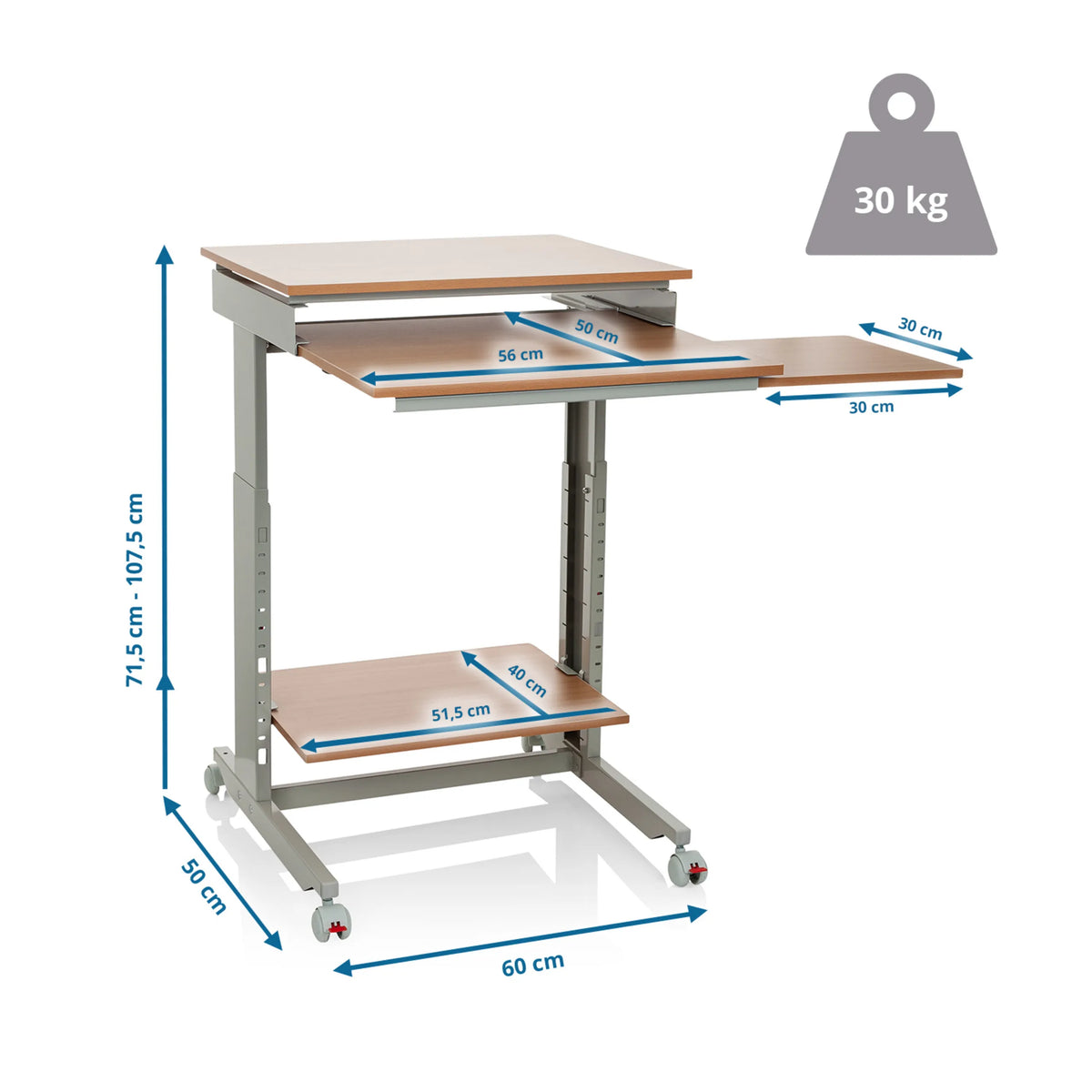 Maßzeichnung des Stehschreibtischs WORKSTATION mit einer Breite von 60 cm und einer Traglast von 30 kg von hjh OFFICE
