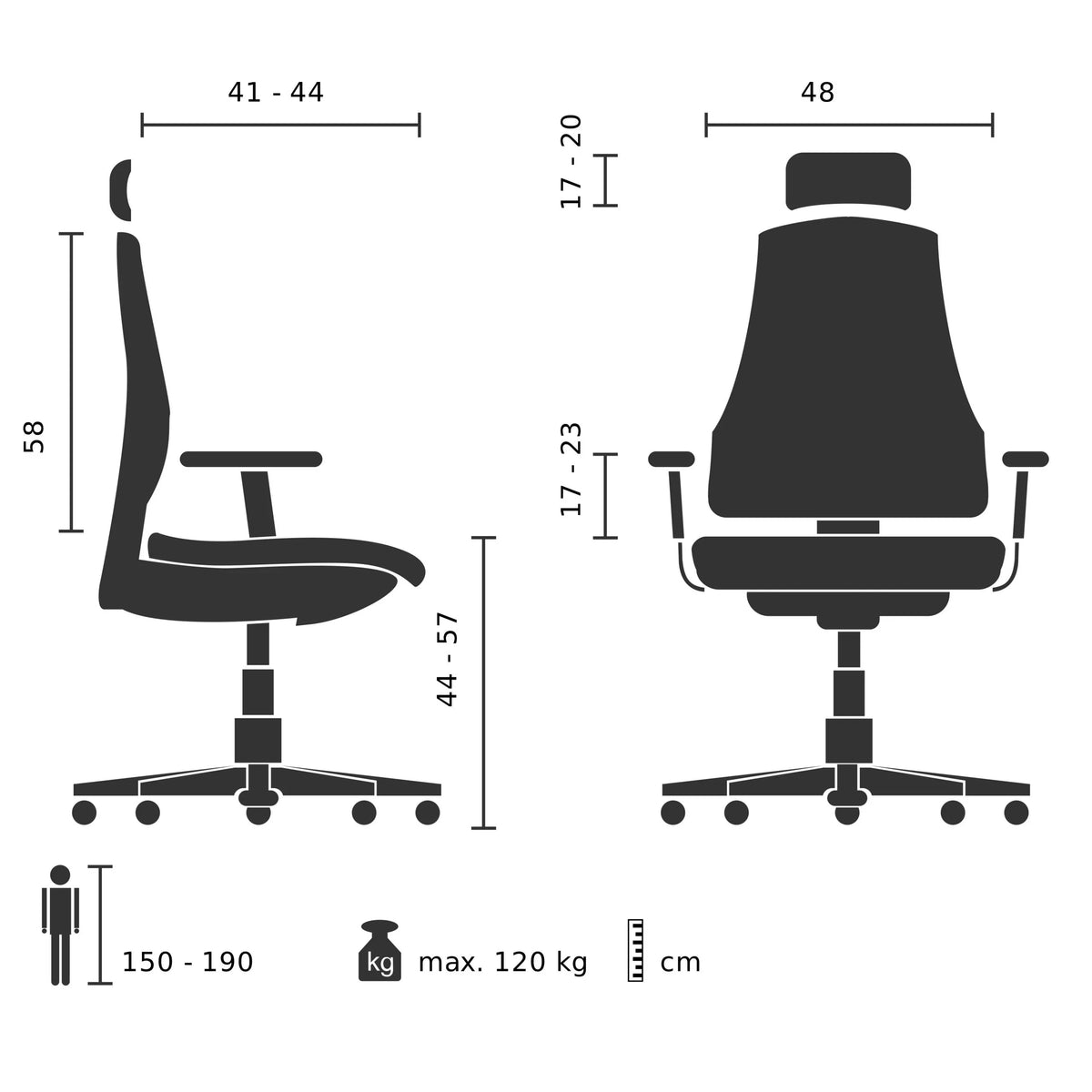 Technische Zeichnung des High-End-Bürostuhls POFIT G GEN2 mit maximal 120 kg Belastung von hjh OFFICE